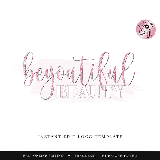 Instant Download Pink Beauty Logo Template, DIY Edit Glitter Business Logo, Premade Typography Signature Logo, Lash Tech Logo BB-001