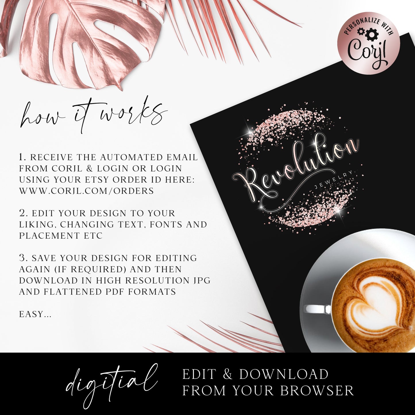 Editable Glitter Logo Template, DIY Edit Rose Gold Round Logo Design, Premade Sparkling Beauty Logo, Lash Tech Business Logo RJ-001