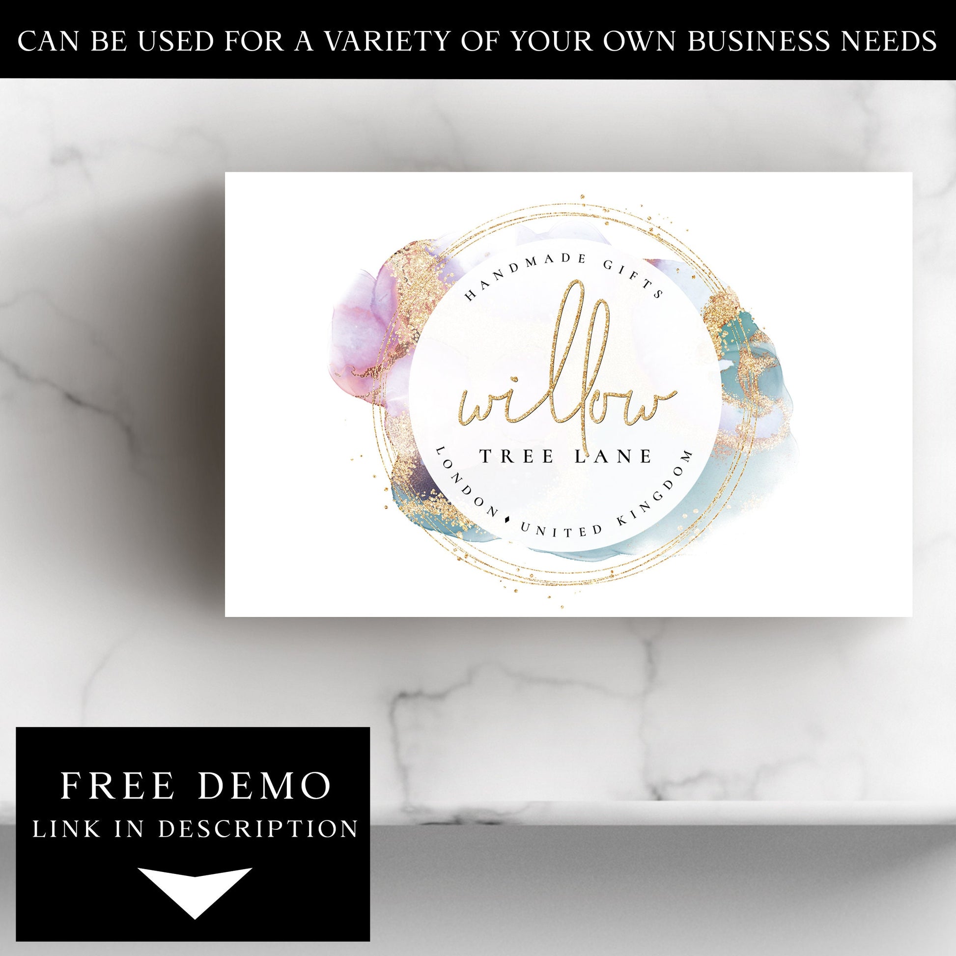 Editable Marble Ink Logo Template, DIY Edit Pastel Glitter Business Logo, Premade Abstract Gold Round Logo Design, Beauty Business PR0449