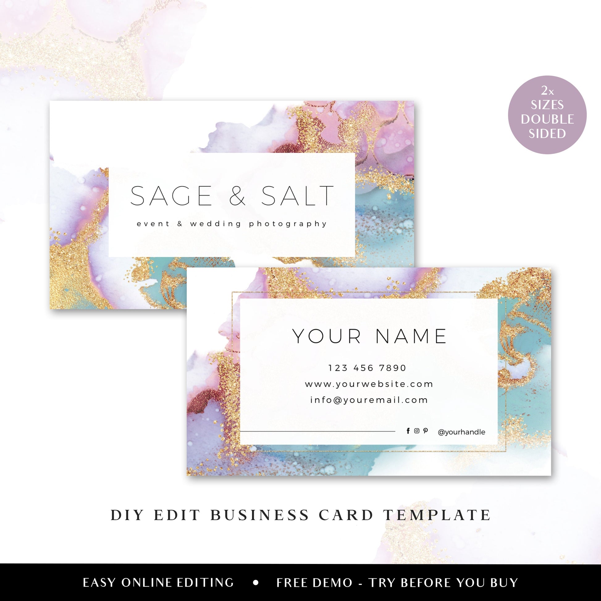 Business Card Editable Template, DIY Edit Glitter Marble Ink Business Card, Premade Beauty Business Card, Customizable Biz Card SS-006