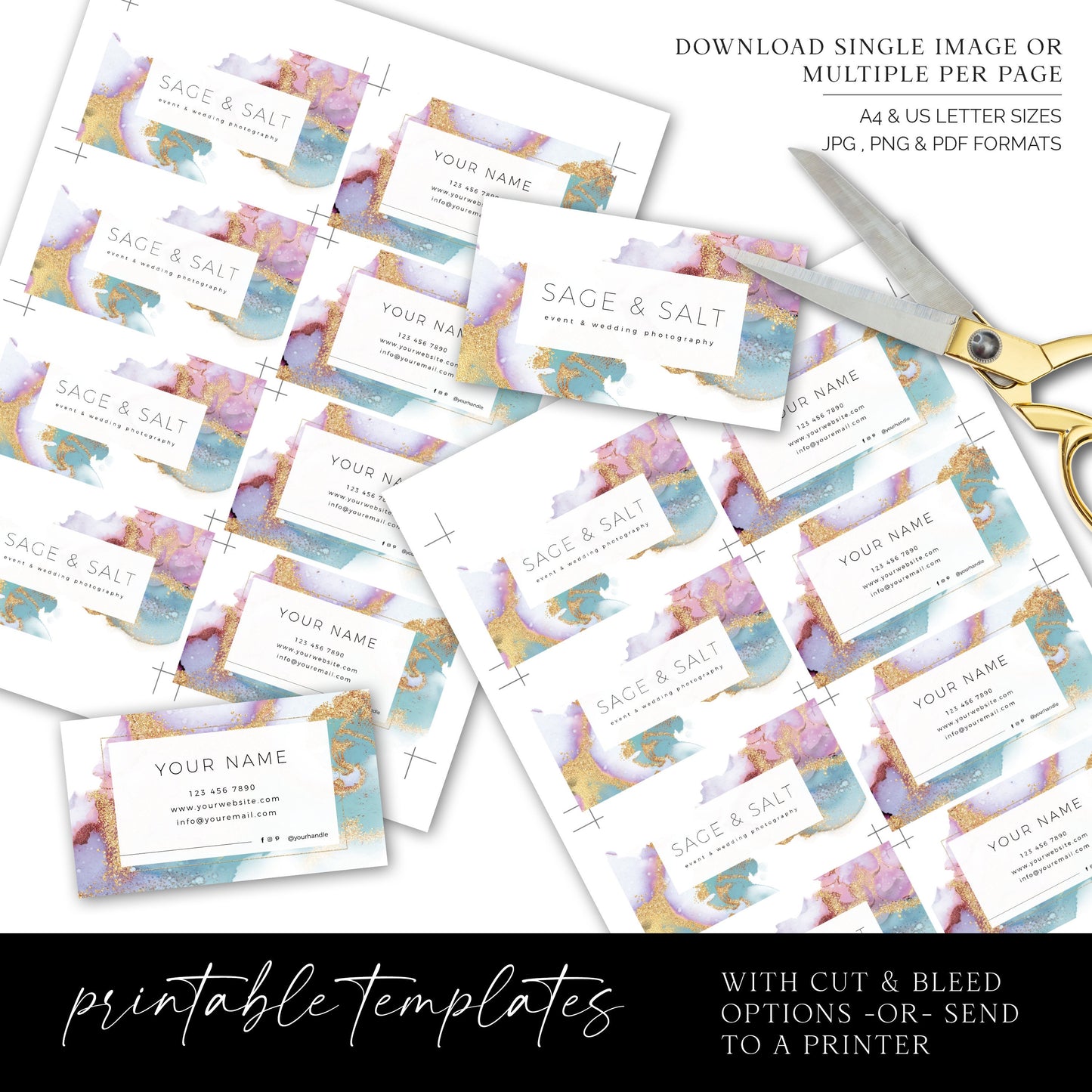 Business Card Editable Template, DIY Edit Glitter Marble Ink Business Card, Premade Beauty Business Card, Customizable Biz Card SS-006