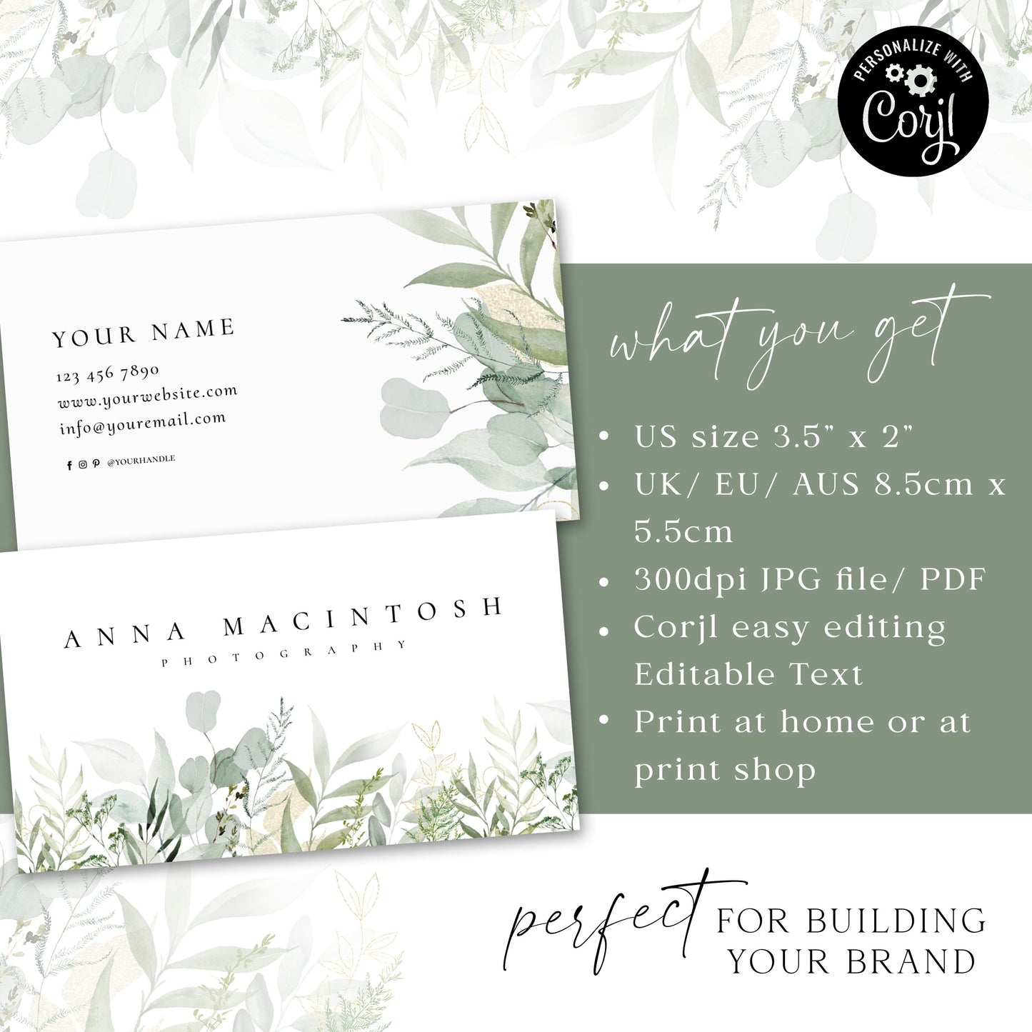 Business Card Editable Template, DIY Edit Watercolor Leaves Business Card, Premade Beauty Business Card, Customizable Greenery AM-003