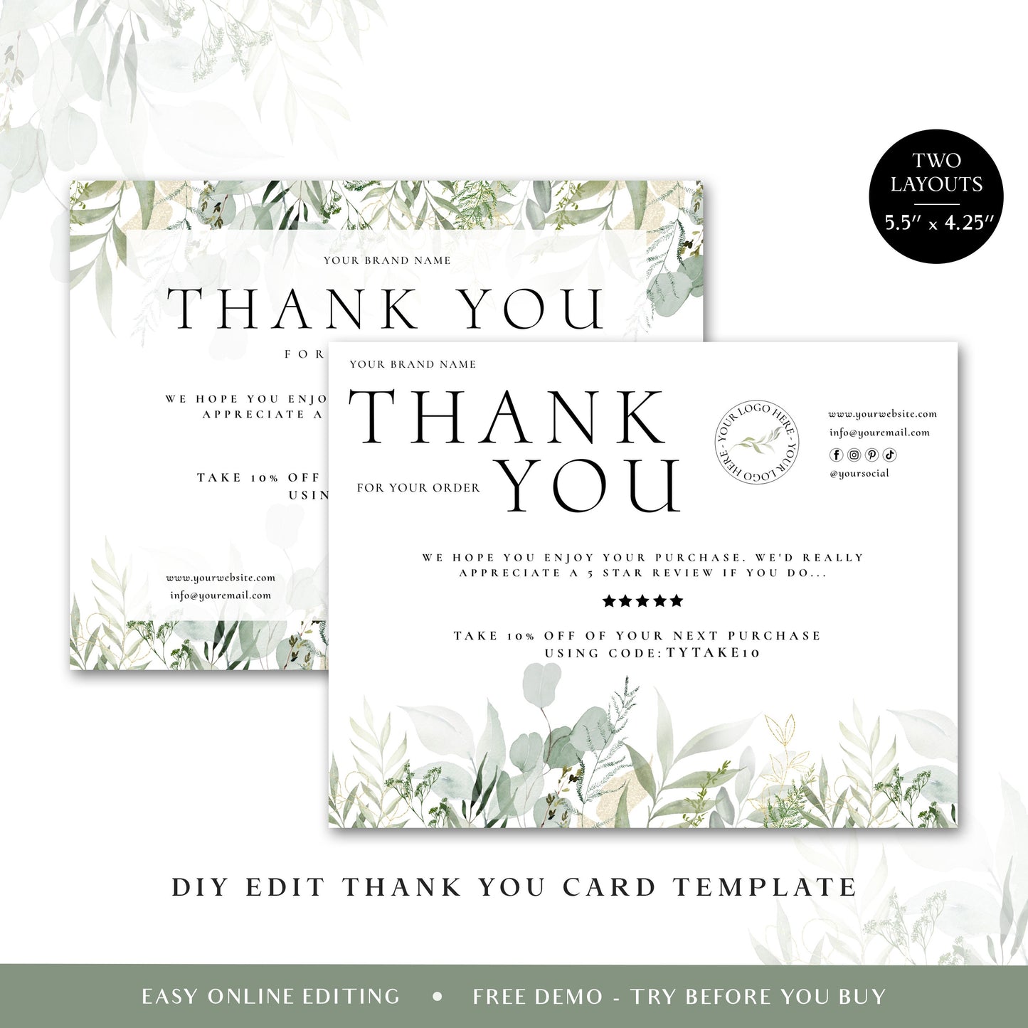 Editable Greenery Thank You Card Template, DIY Edit Leaves Thank You For Your Business Card, Premade Etsy Customer Thank you Note AM-003