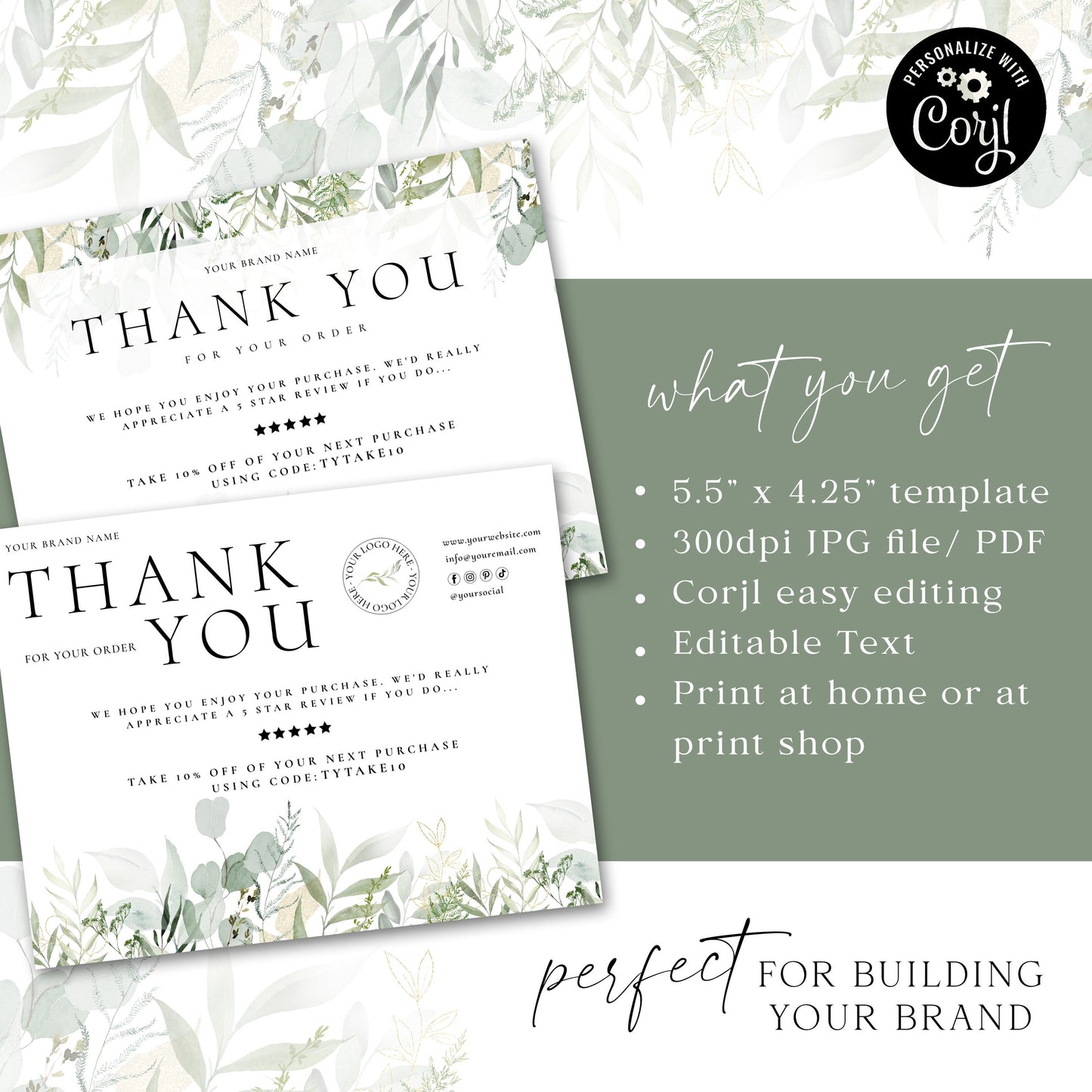 Editable Greenery Thank You Card Template, DIY Edit Leaves Thank You For Your Business Card, Premade Etsy Customer Thank you Note AM-003