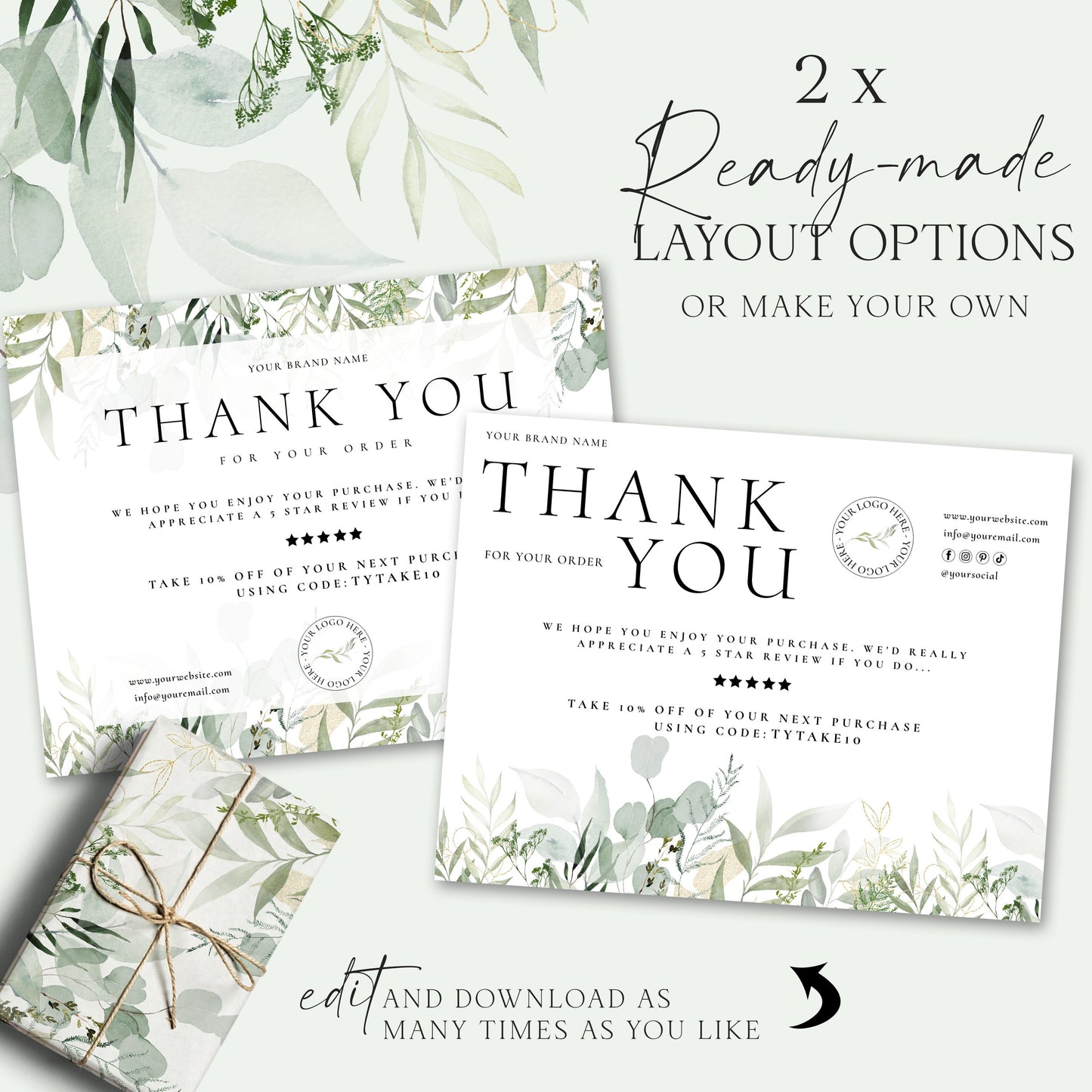 Editable Greenery Thank You Card Template, DIY Edit Leaves Thank You For Your Business Card, Premade Etsy Customer Thank you Note AM-003