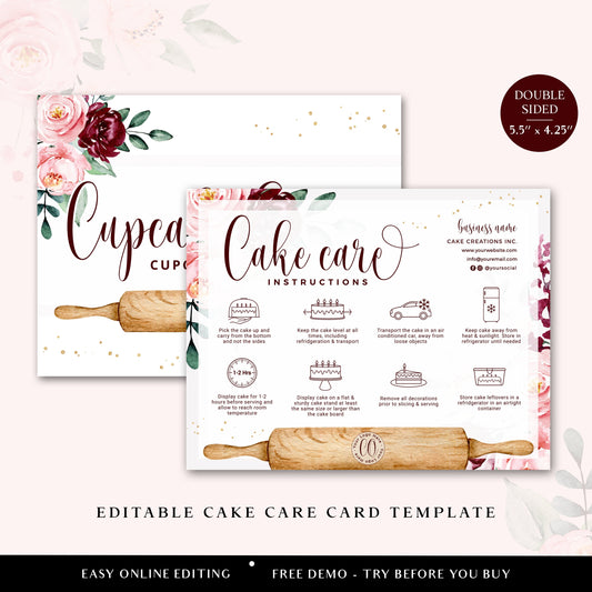 Editable Cake Care Card, Printable Cake Care Template, Watercolor Flowers Cake Care Guide, Wedding Cake Transport Instructions CQ-001