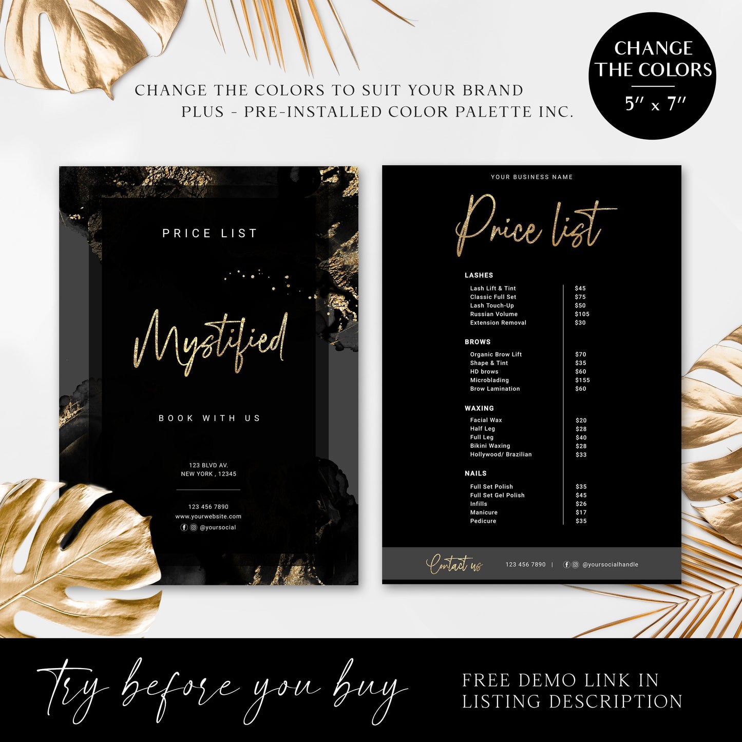 Business Price List Template, 5"x7" Editable Pricing Guide, Customizable Printable Price Guide, DIY Edit Beauty Salon Price Sheet MY-001