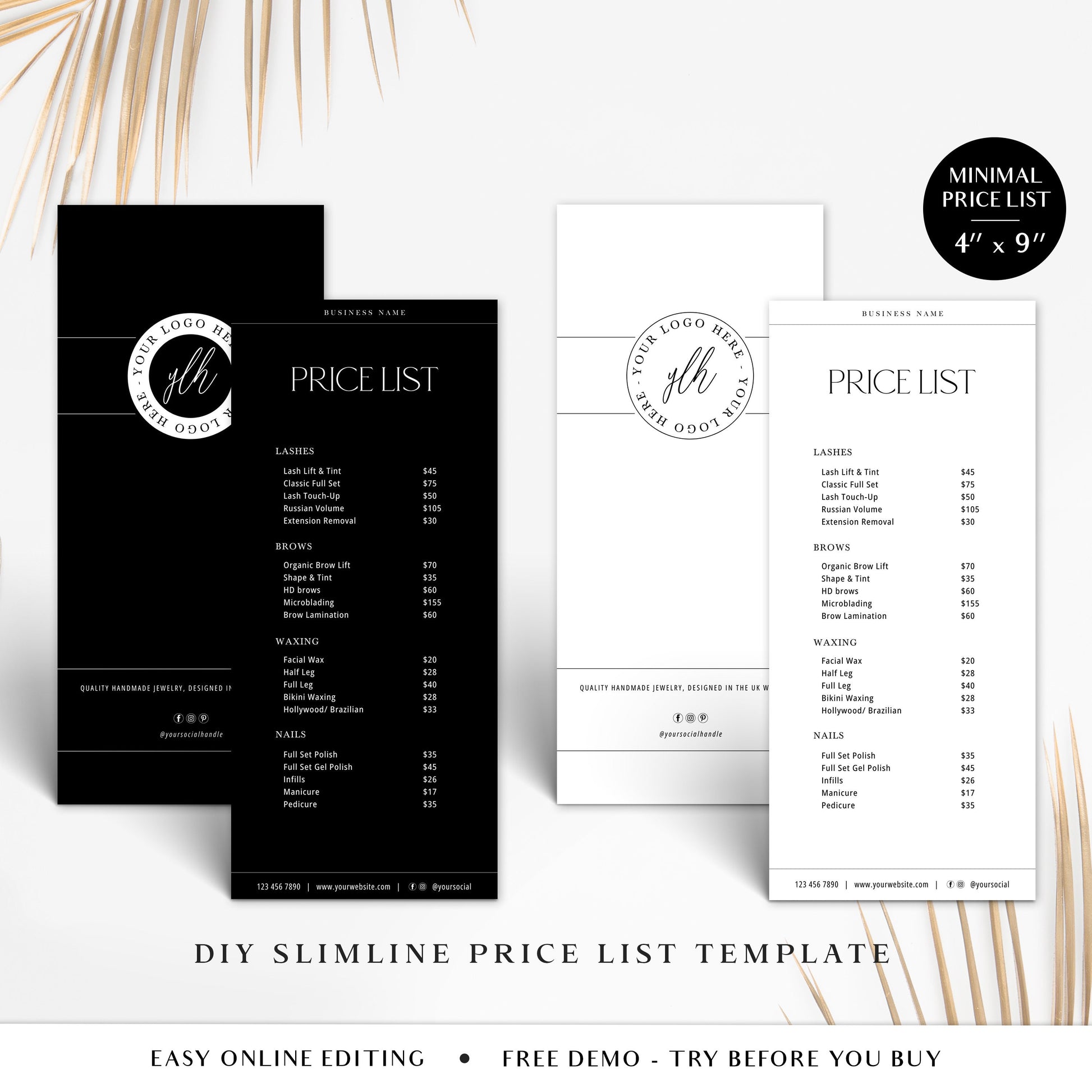 Business Price List Template, Minimalist 4"x9" DIY Editable Slimline Price Guide, Customizable Printable Pricing Menu, Salon Flyer SI-001