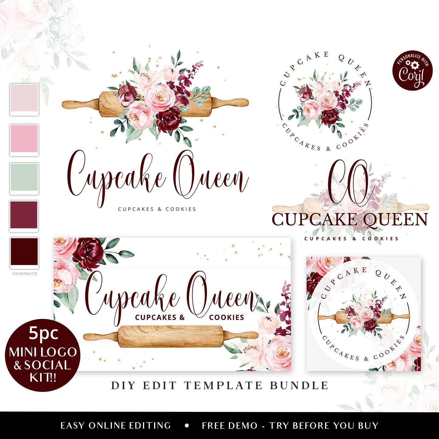 Editable Bakery Business Bundle, 5pc DIY Edit Logo Template & Facebook Social Template Kit, Premade Cake Maker Business Logo Set CQ-001