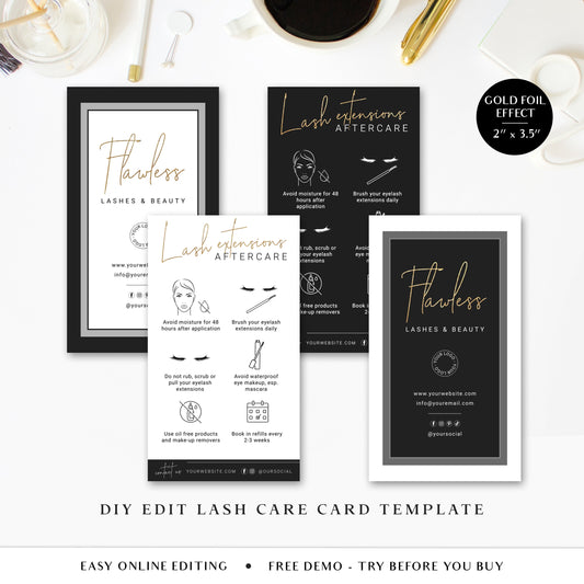 DIY Lash Extension Aftercare Template, Editable Lash Extension Care Card, Beauty Salon Printable Care Instructions, Faux Gold Foil FL-001