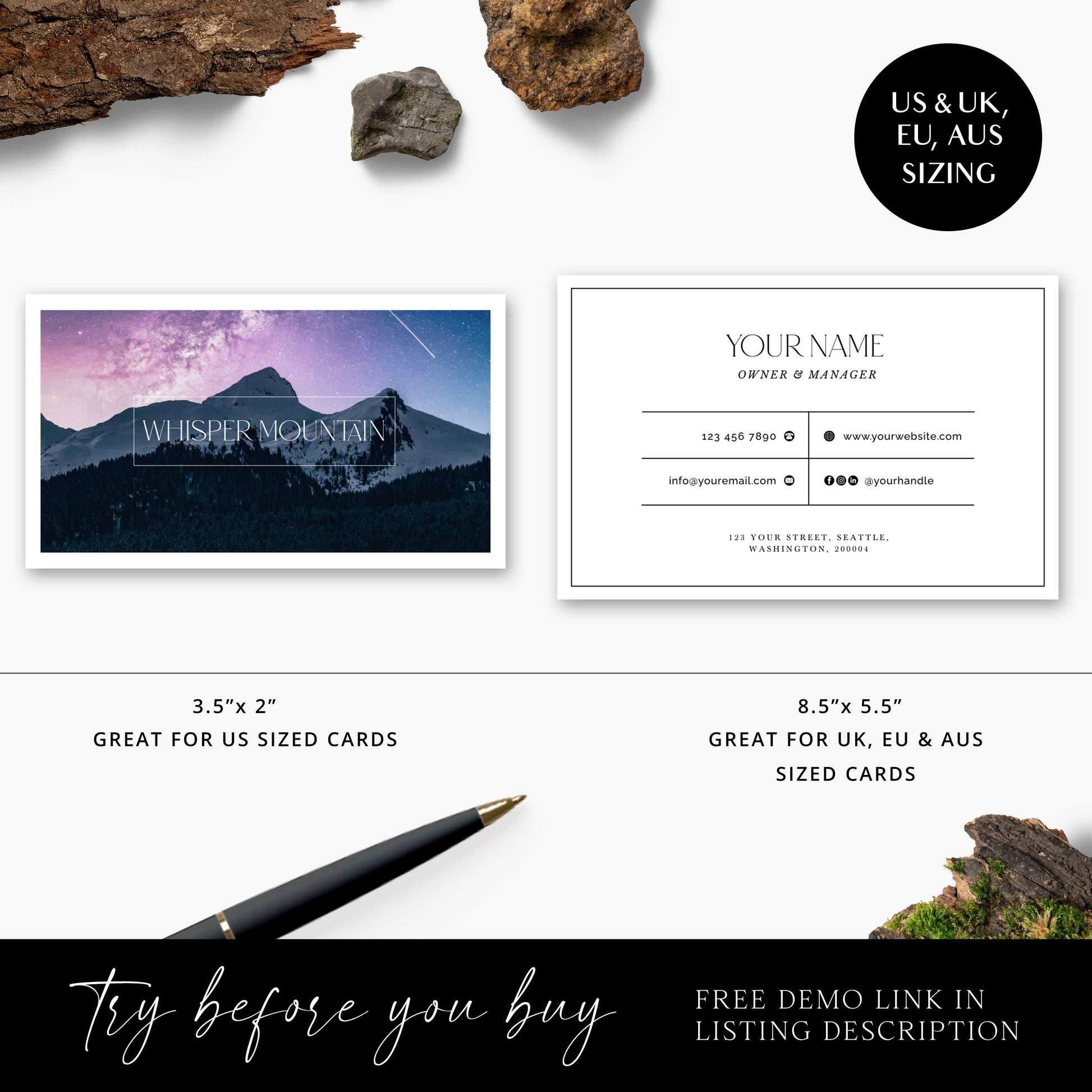 Editable Mountains Business Card Template, DIY Edit Minimalist Premade Business Card, Photography Business Card, Customizable Company Card