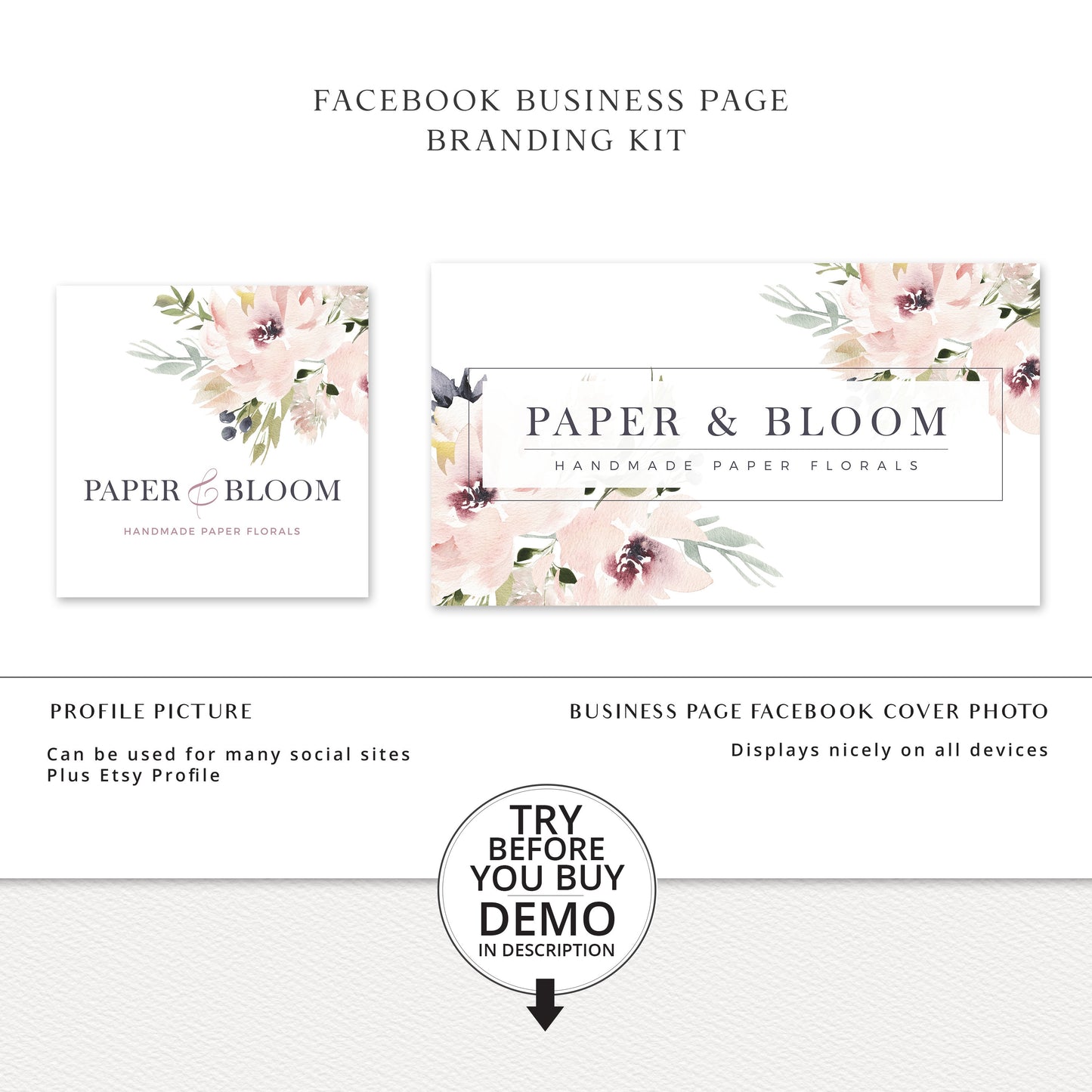 Editable Boho Facebook Cover Template, DIY Edit Watercolor Floral Social Profile, Premade Beauty Facebook Business Page Design PB-001