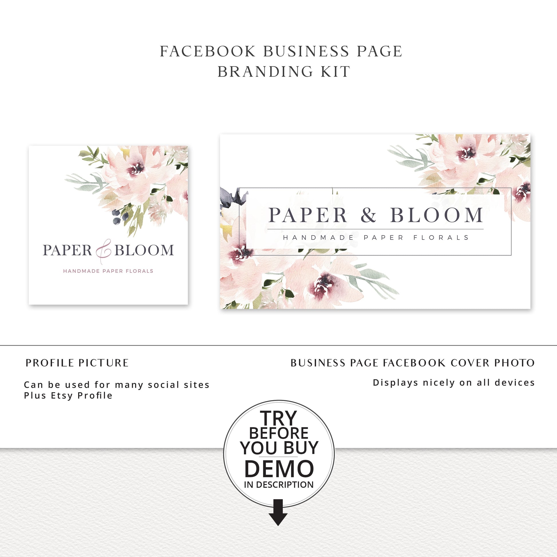 Editable Boho Facebook Cover Template, DIY Edit Watercolor Floral Social Profile, Premade Beauty Facebook Business Page Design PB-001