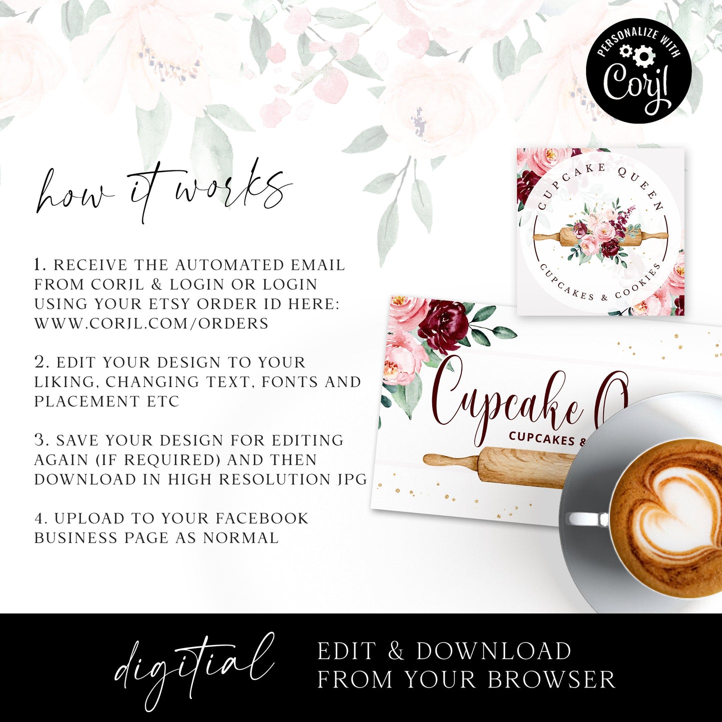 Editable Bakery Facebook Cover Template, DIY Edit Watercolor Floral Social Profile, Premade Cake Maker Facebook Business Page Design CQ-001