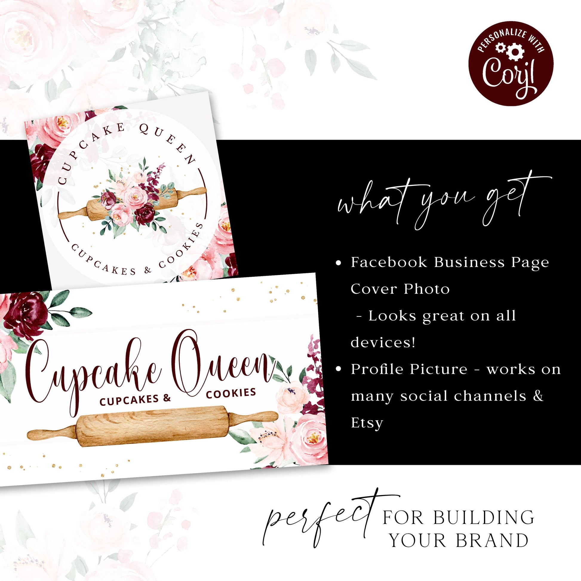 Editable Bakery Facebook Cover Template, DIY Edit Watercolor Floral Social Profile, Premade Cake Maker Facebook Business Page Design CQ-001