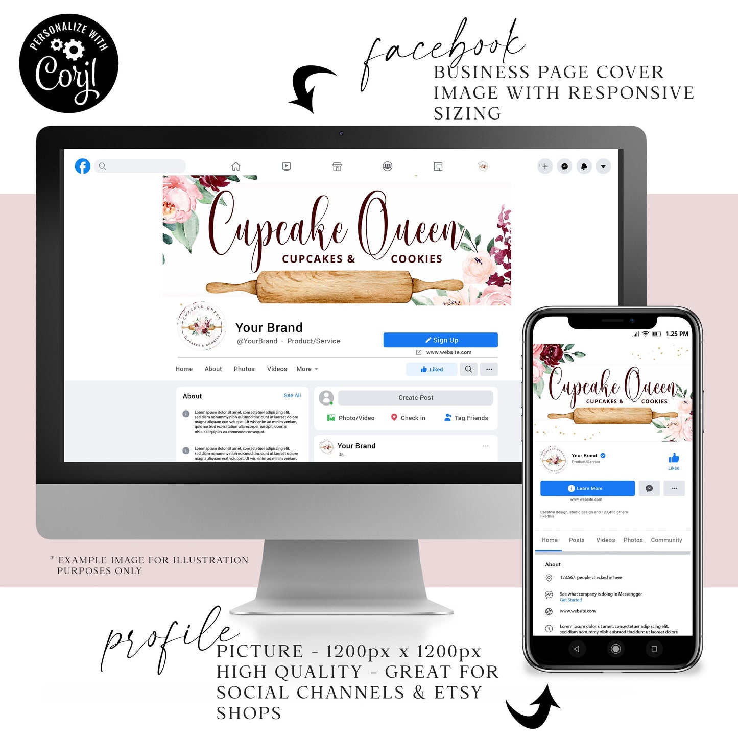 Editable Bakery Facebook Cover Template, DIY Edit Watercolor Floral Social Profile, Premade Cake Maker Facebook Business Page Design CQ-001