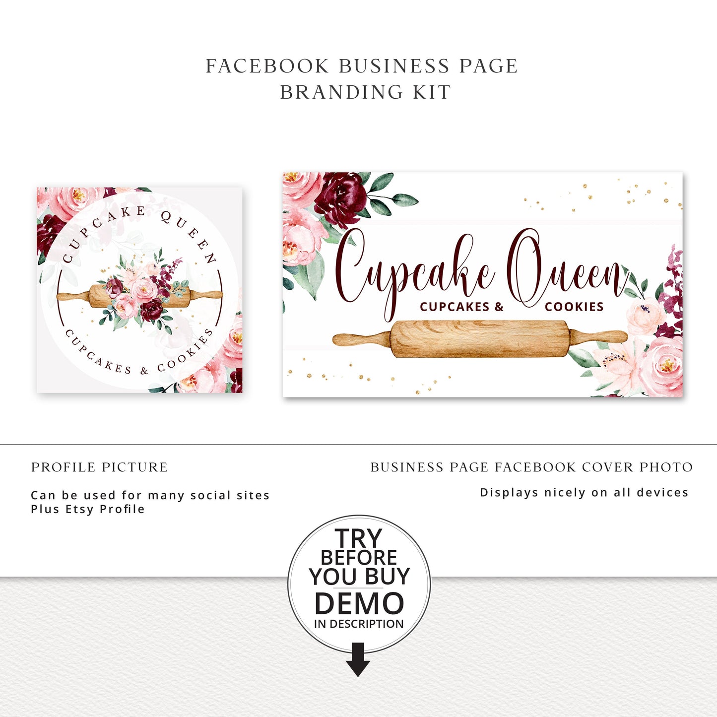 Editable Bakery Facebook Cover Template, DIY Edit Watercolor Floral Social Profile, Premade Cake Maker Facebook Business Page Design CQ-001