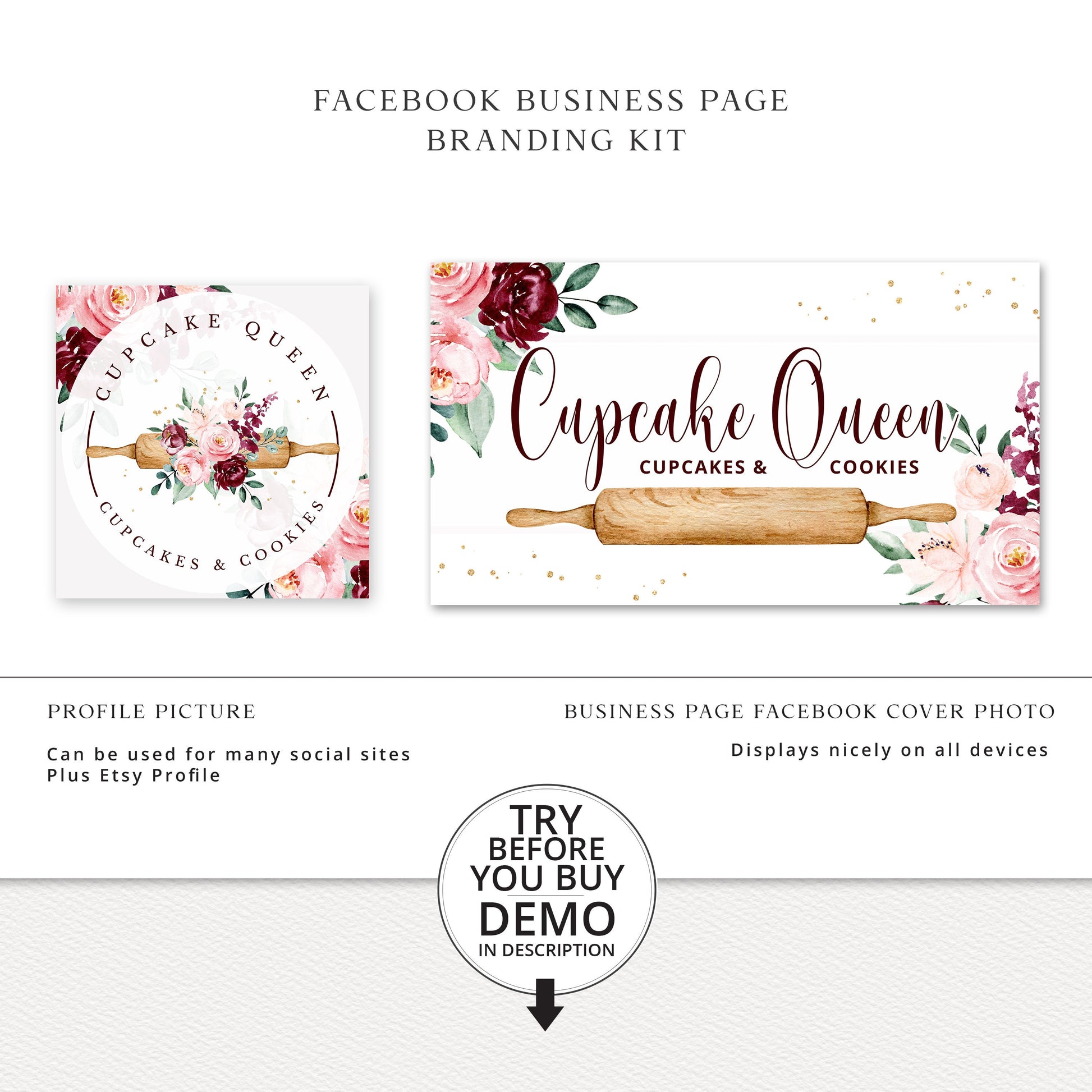 Editable Bakery Facebook Cover Template, DIY Edit Watercolor Floral Social Profile, Premade Cake Maker Facebook Business Page Design CQ-001