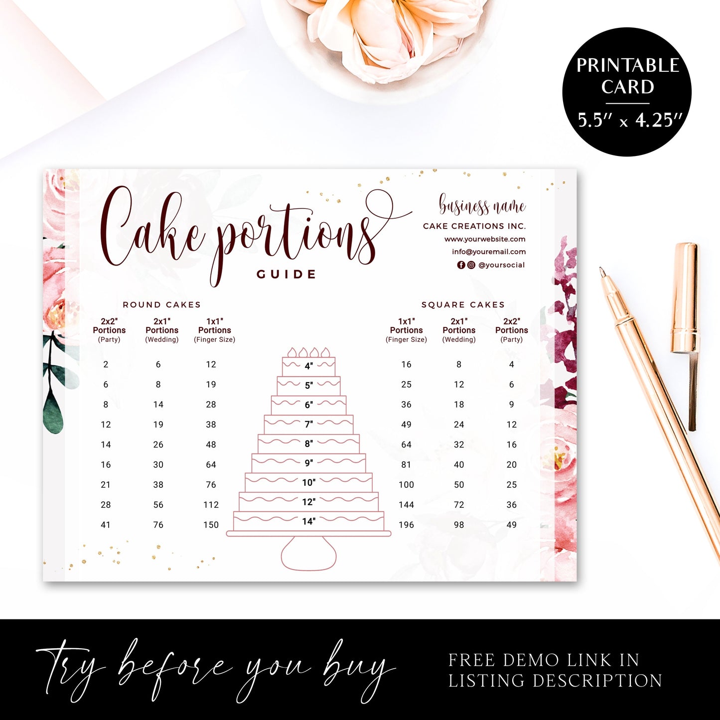 Editable Cake Portions Guide Template, Printable Tiered Cake Serving Size, Watercolor Red Round & Square Cakes Size Diagram CQ-001