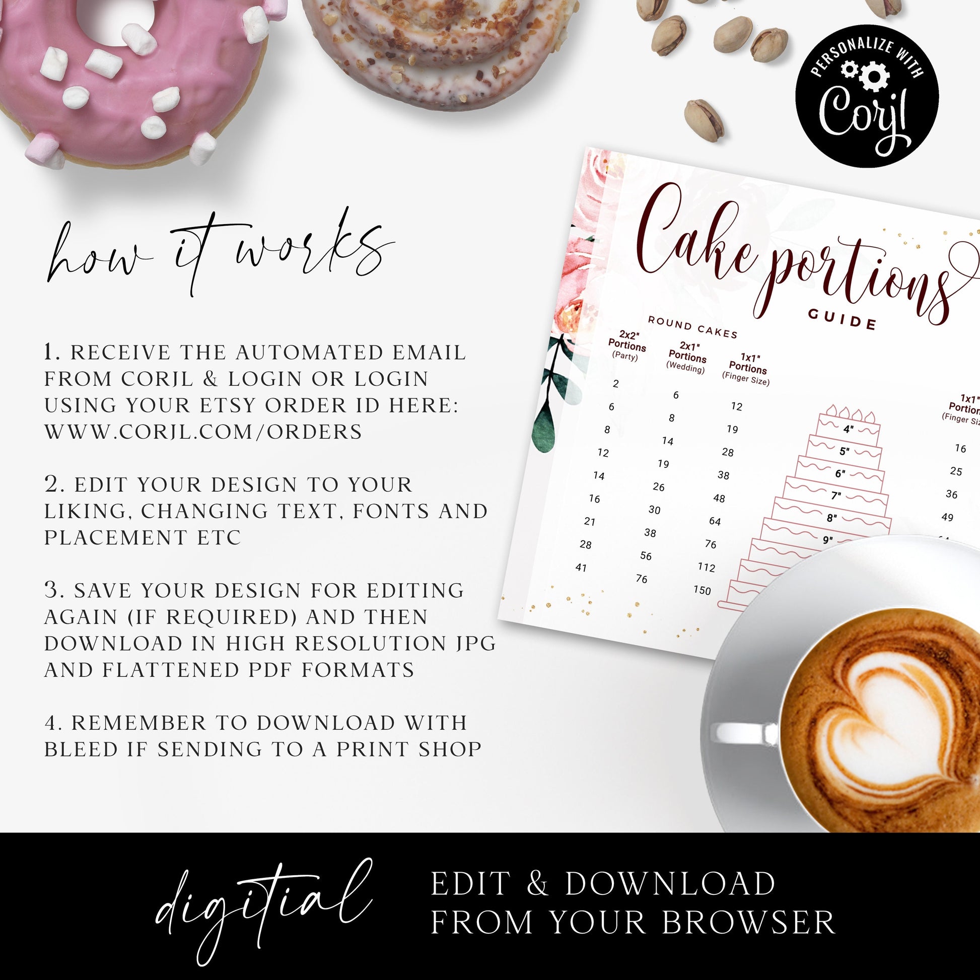 Editable Cake Portions Guide Template, Printable Tiered Cake Serving Size, Watercolor Red Round & Square Cakes Size Diagram CQ-001