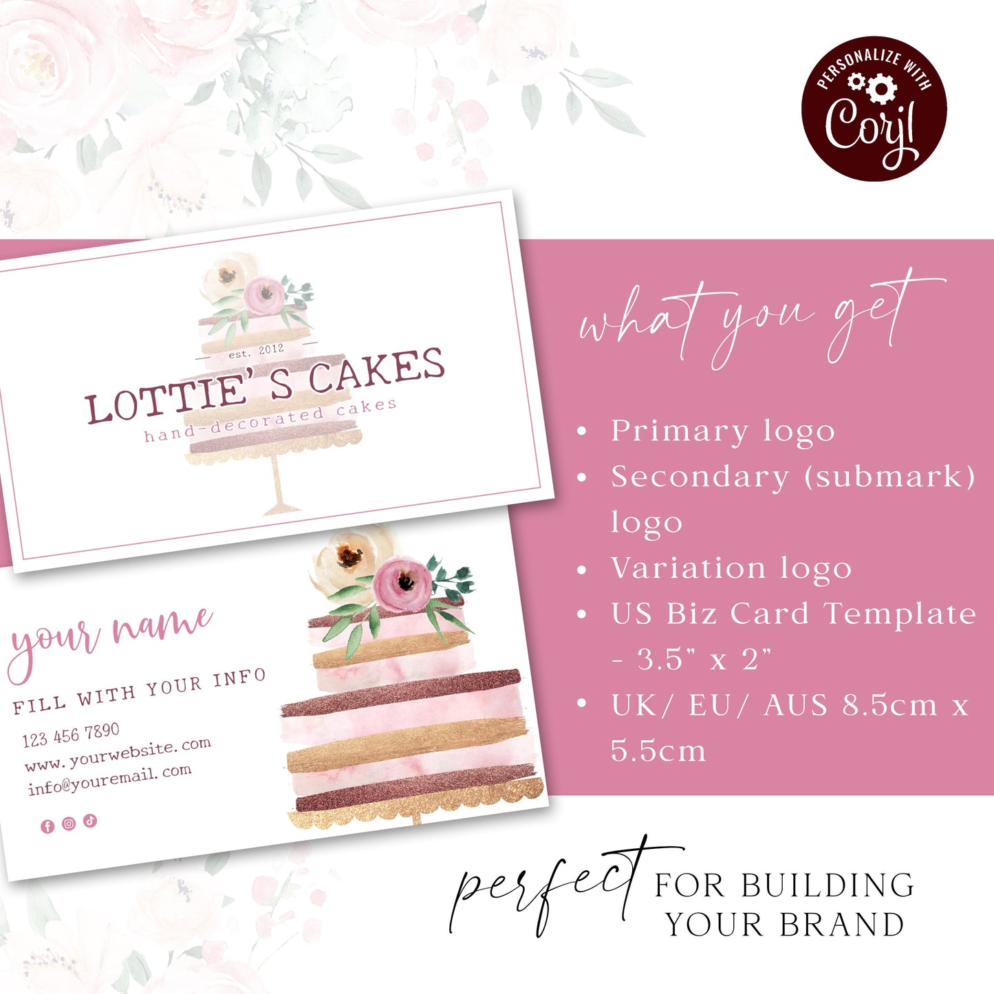 Editable Bakery Branding Bundle, 4pc Cute Cake Logo Kit and Business Card Template, DIY Edit Company Brand Set, Instant Download LC-001