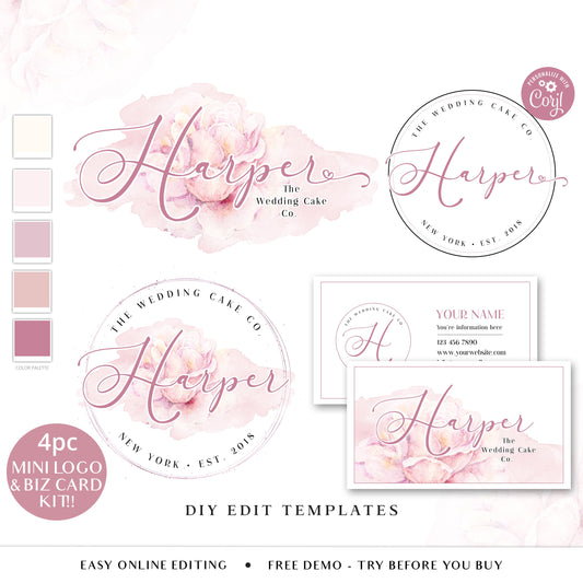Editable Pink Business Bundle, DIY Edit 4pc Branding Template Kit, Logo Set and Business Card Template, Instant Download Watercolor HW-001