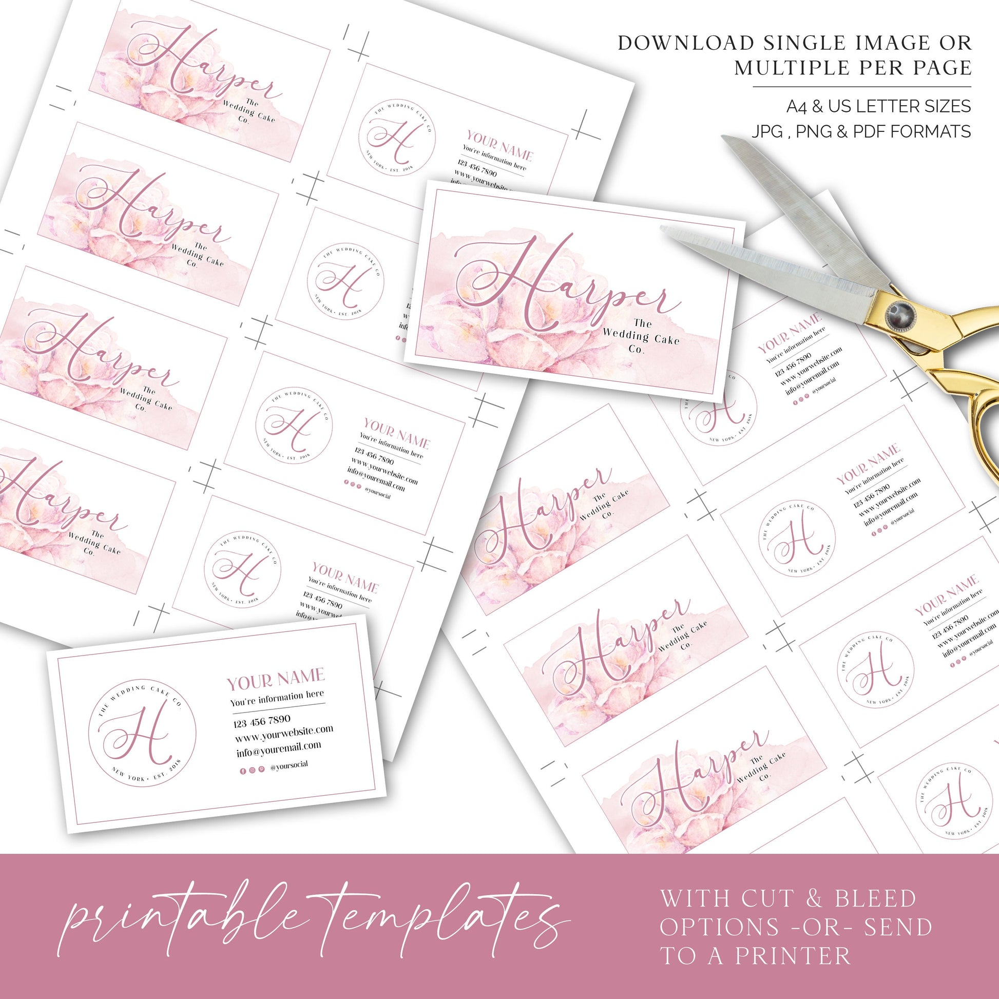 Editable Pink Business Bundle, DIY Edit 4pc Branding Template Kit, Logo Set and Business Card Template, Instant Download Watercolor HW-001