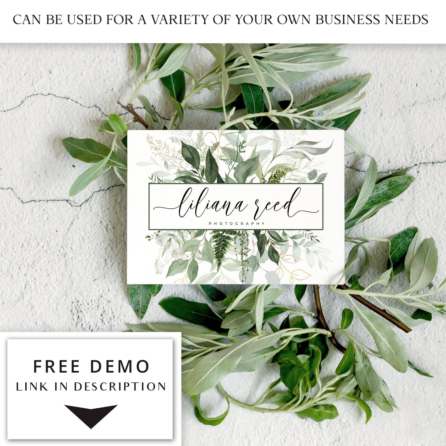 Editable Greenery Logo Template, DIY Edit Instant Watercolor Leaves Logo, Watermark Boho Logo, Premade Foliage Logo Design PR0738