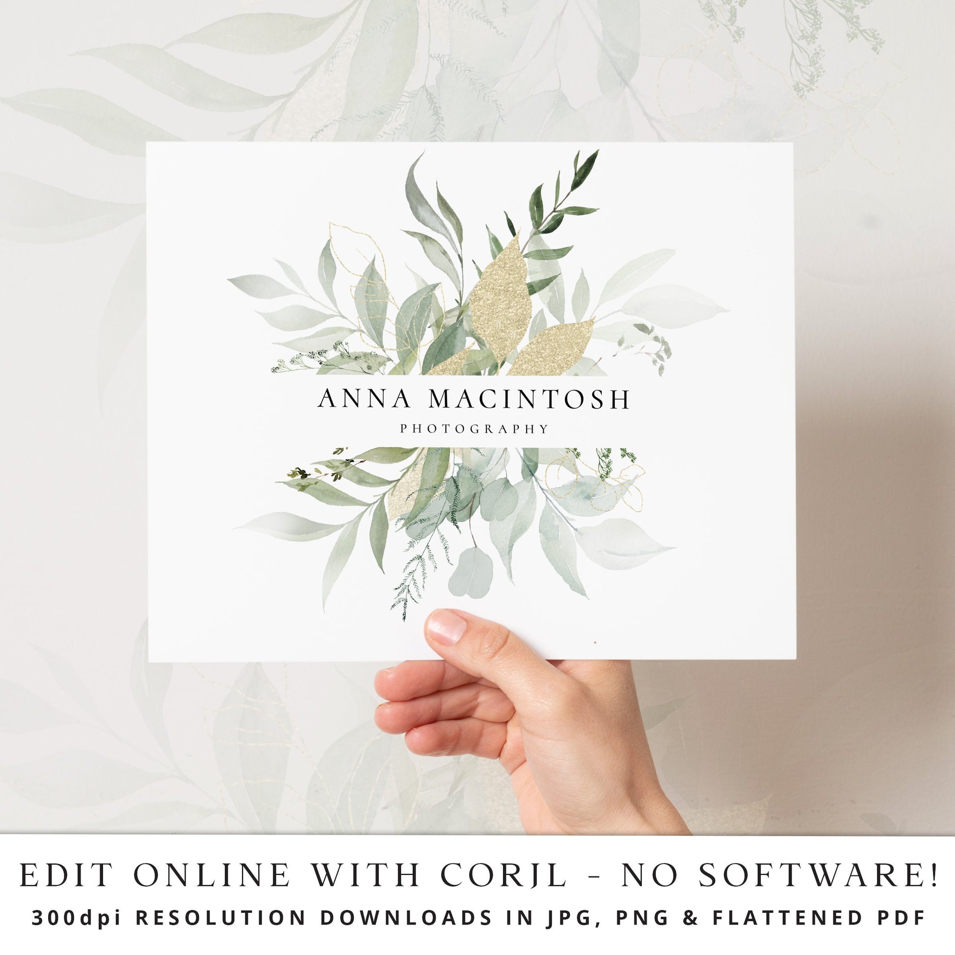 Editable Greenery Logo Template, DIY Edit Instant Watercolor Leaves Logo, Watermark Boho Logo, Premade Foliage Logo Design AM-003