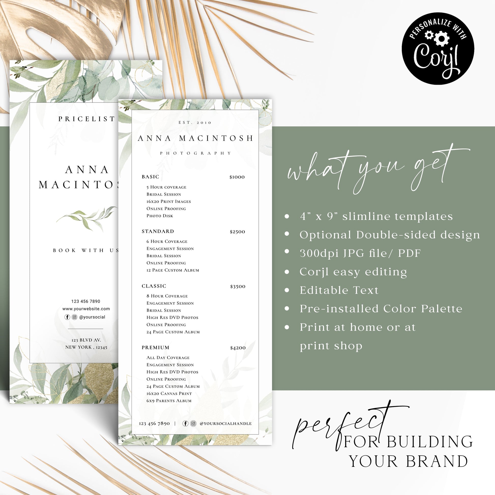 Business Price List Template, Greenery 4"x9" DIY Editable Slimline Price Guide, Customizable Printable Pricing Menu, Photographer AM-003