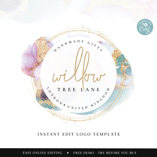 Editable Marble Ink Logo Template, DIY Edit Pastel Glitter Business Logo, Premade Abstract Gold Round Logo Design, Beauty Business PR0449