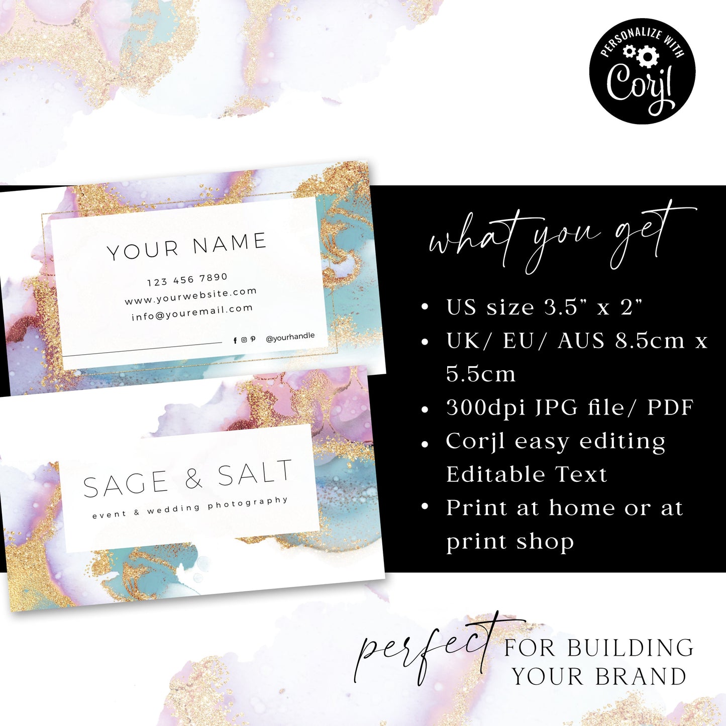 Business Card Editable Template, DIY Edit Glitter Marble Ink Business Card, Premade Beauty Business Card, Customizable Biz Card SS-006