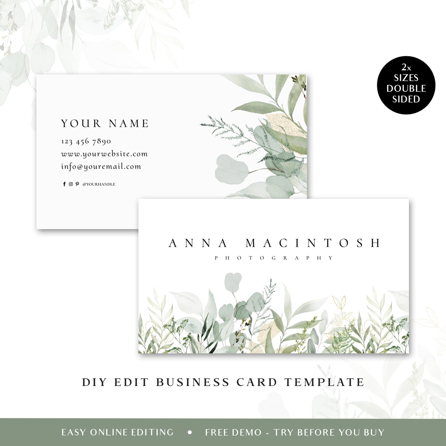 Business Card Editable Template, DIY Edit Watercolor Leaves Business Card, Premade Beauty Business Card, Customizable Greenery AM-003