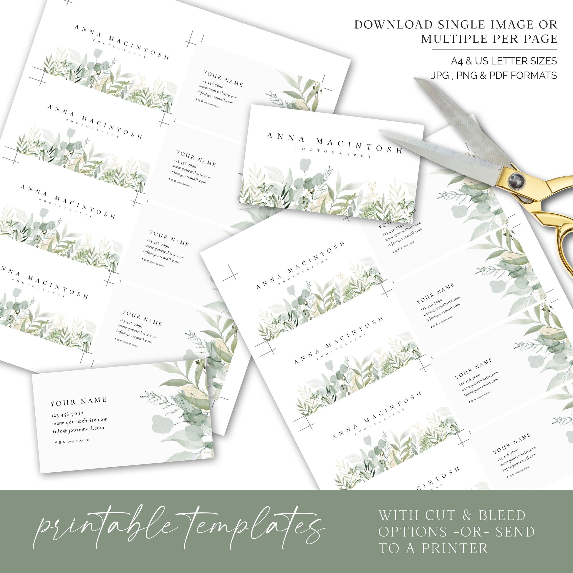 Business Card Editable Template, DIY Edit Watercolor Leaves Business Card, Premade Beauty Business Card, Customizable Greenery AM-003