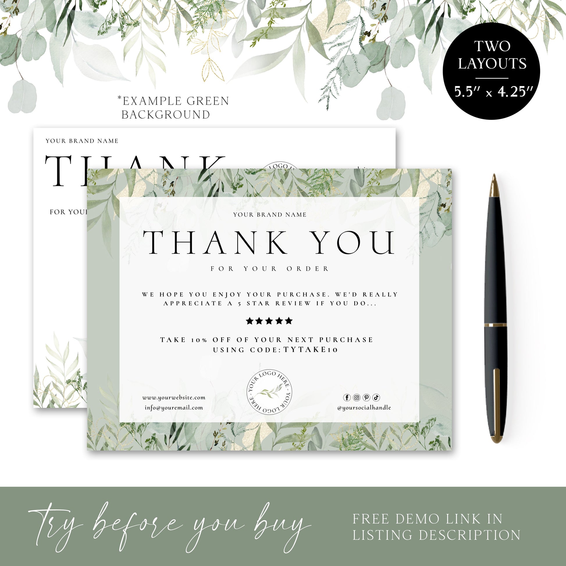 Editable Greenery Thank You Card Template, DIY Edit Leaves Thank You For Your Business Card, Premade Etsy Customer Thank you Note AM-003