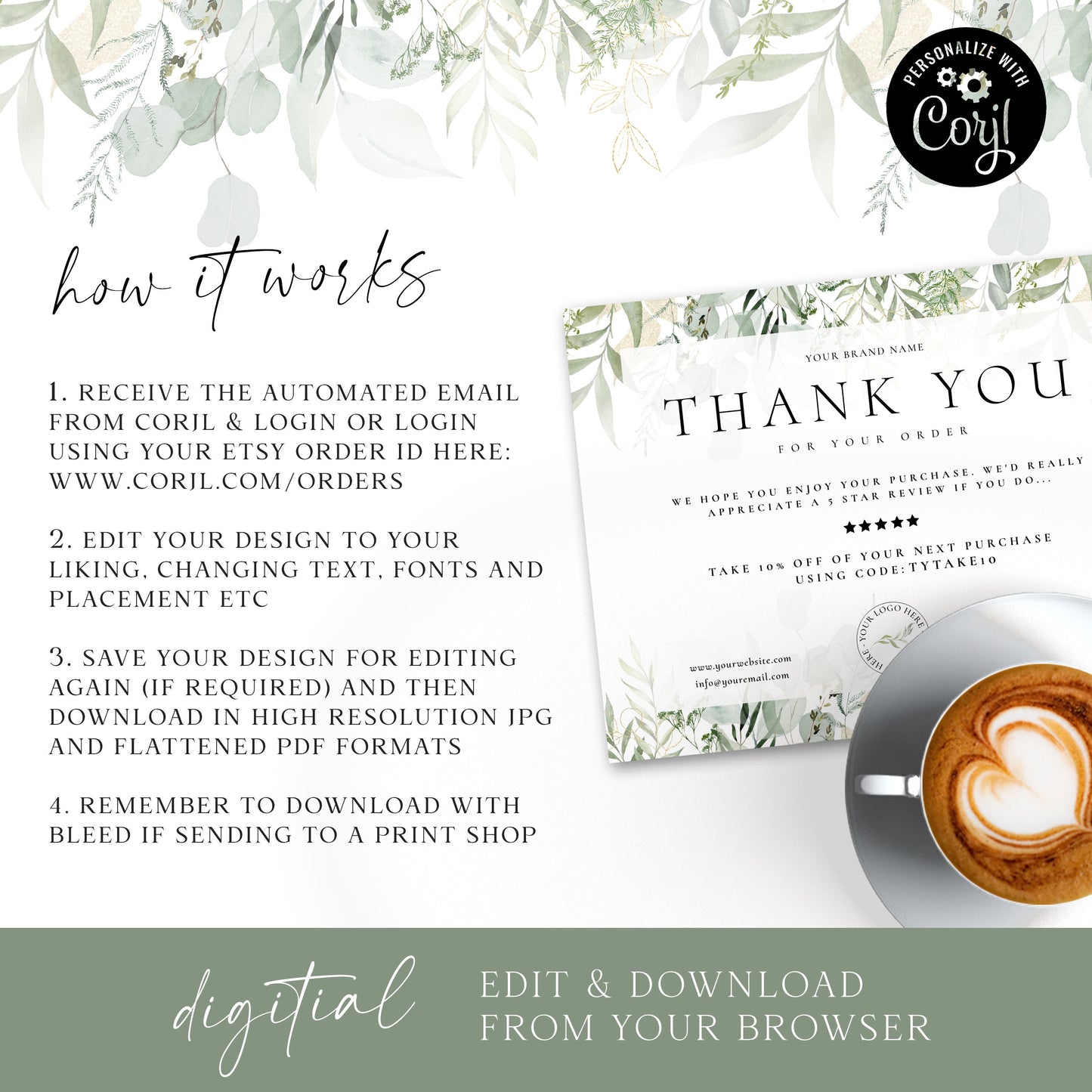 Editable Greenery Thank You Card Template, DIY Edit Leaves Thank You For Your Business Card, Premade Etsy Customer Thank you Note AM-003