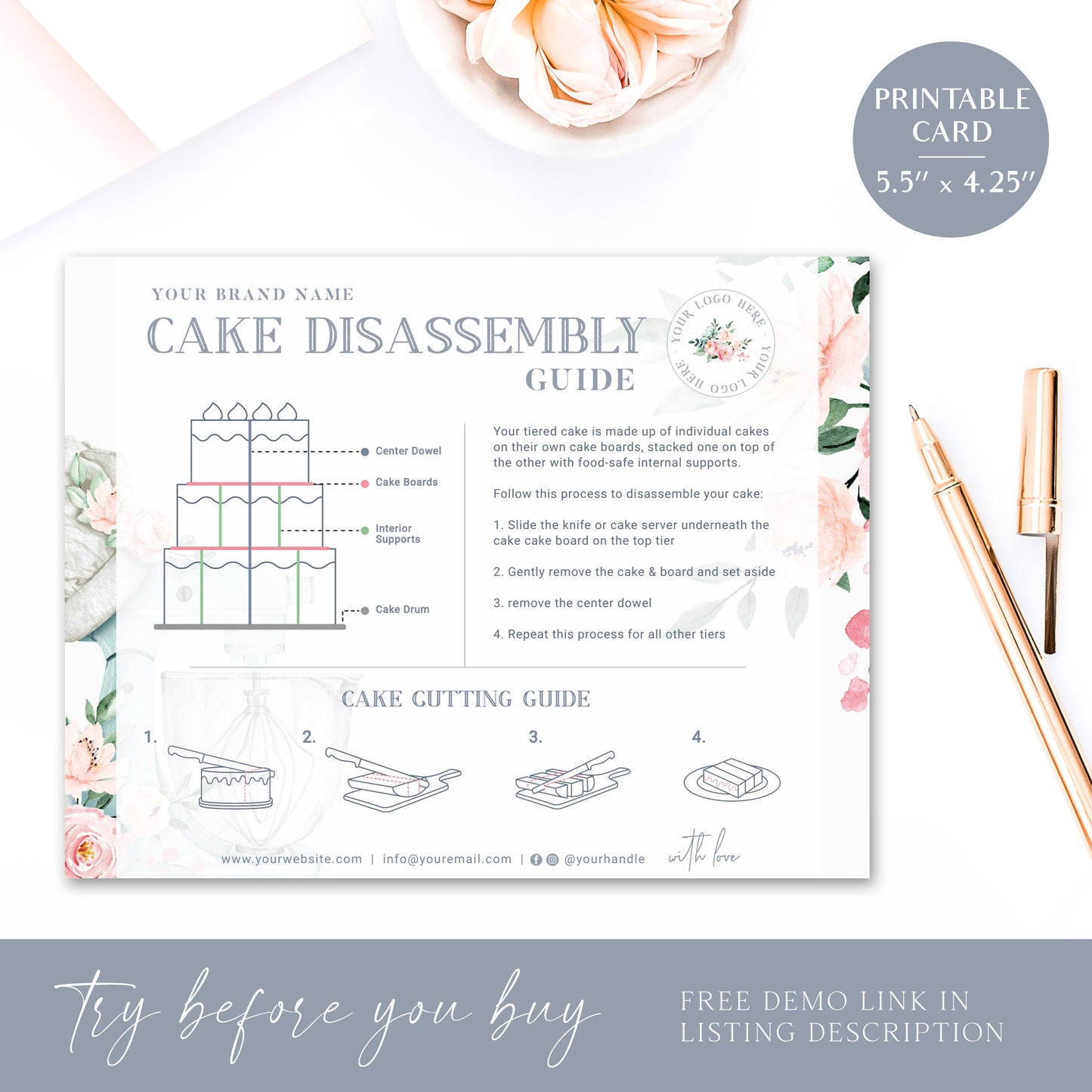 Editable Cake Disassemble Guide Card, Printable Disassembly Template, Watercolor Mixer Bakery Cake Serving Instructions Note JB-001