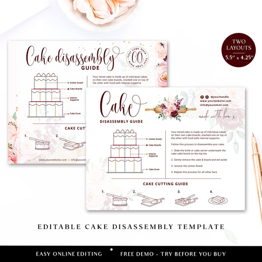 Editable Cake Disassemble Guide Card, Printable Disassembly Template, Watercolor Floral Bakery Cake Serving Instructions Note CQ-001