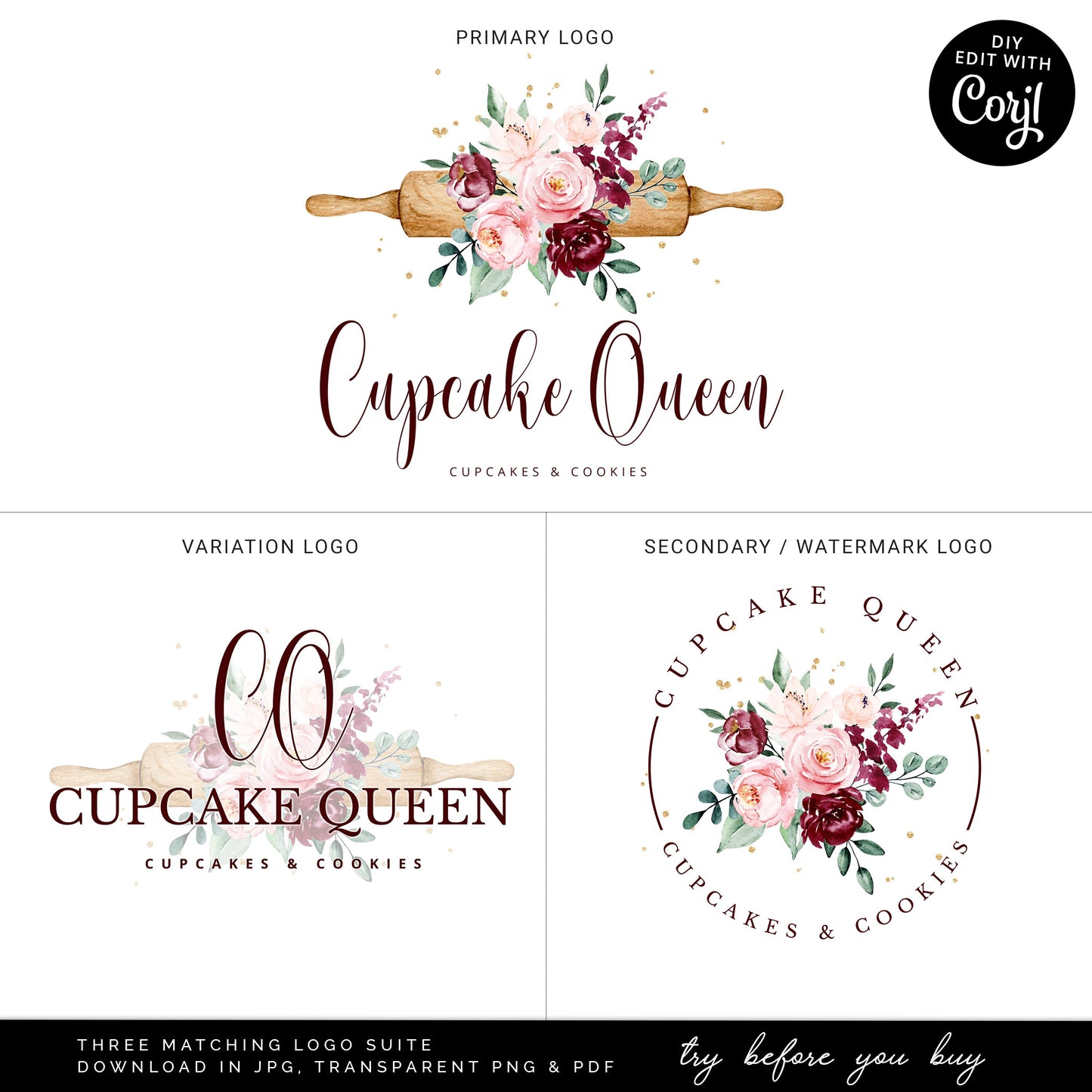 Editable Bakery Business Bundle, 5pc DIY Edit Logo Template & Facebook Social Template Kit, Premade Cake Maker Business Logo Set CQ-001