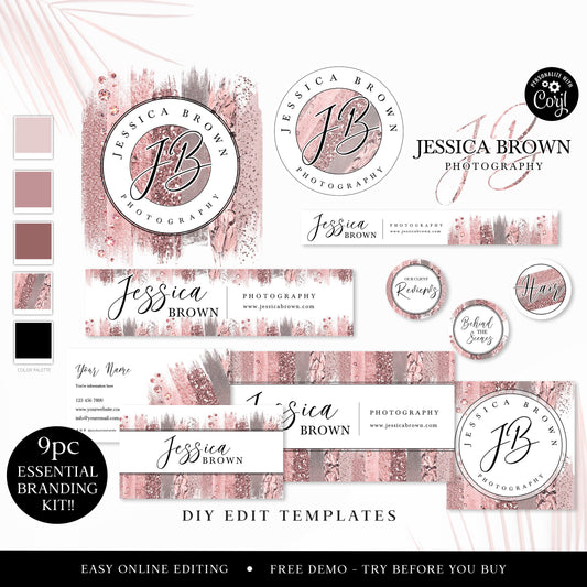 Editable Glitter Branding Template Bundle, 8pc Business Logo Kit, Instant Download Business Card, DIY Edit Social Template Set JB-002