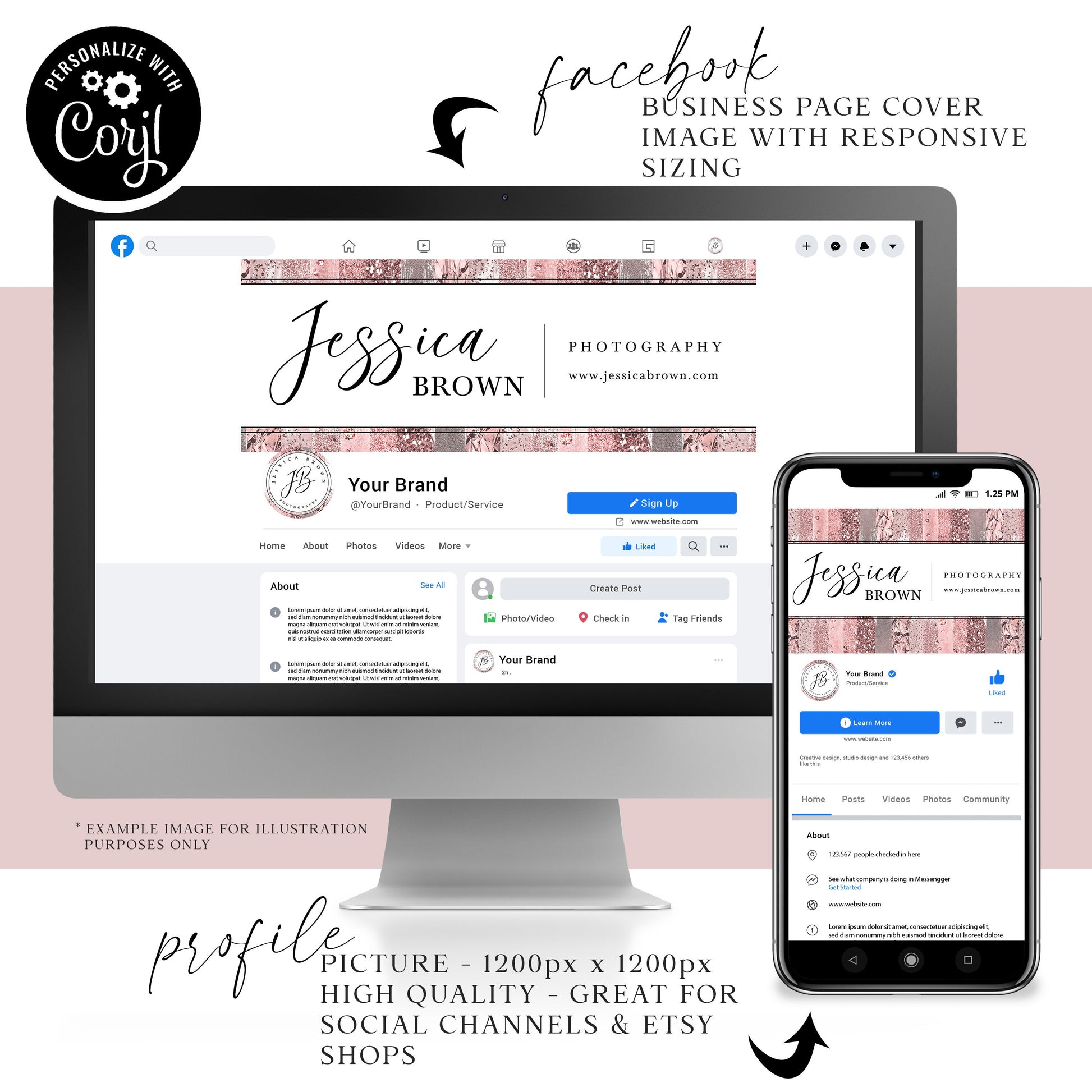 Editable Glitter Facebook Cover Template, DIY Edit Beauty Social Profile Picture, Premade Facebook Business Page Design Gold Foil JB-002