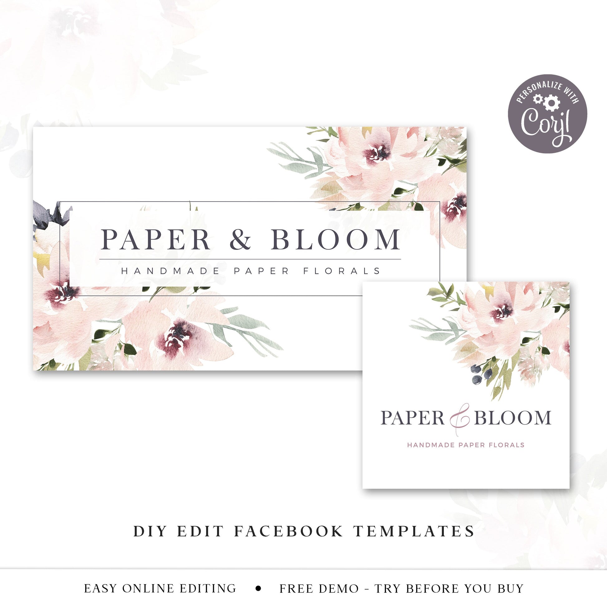 Editable Boho Facebook Cover Template, DIY Edit Watercolor Floral Social Profile, Premade Beauty Facebook Business Page Design PB-001