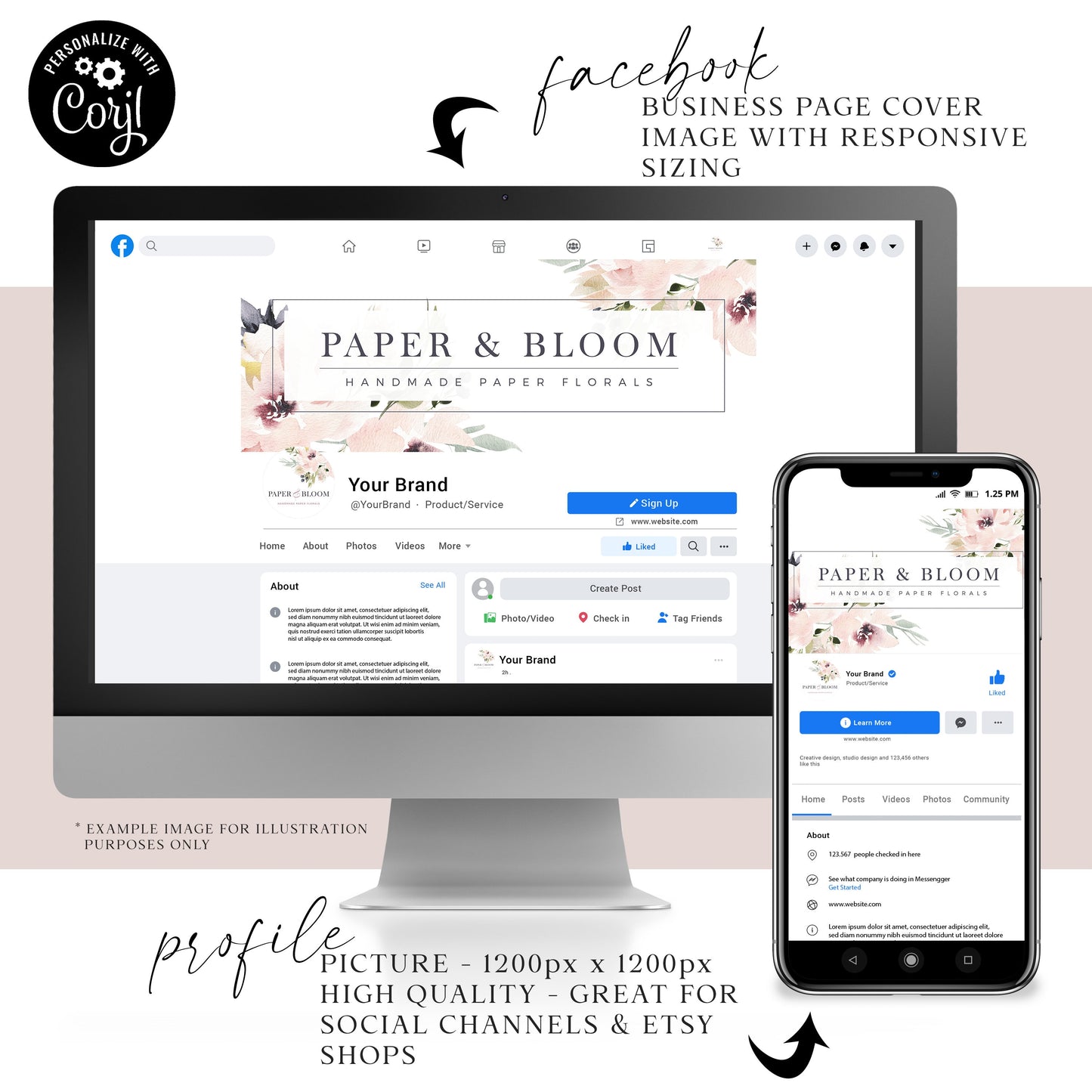 Editable Boho Facebook Cover Template, DIY Edit Watercolor Floral Social Profile, Premade Beauty Facebook Business Page Design PB-001