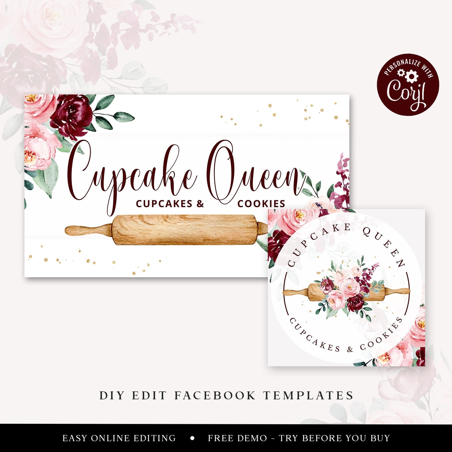 Editable Bakery Facebook Cover Template, DIY Edit Watercolor Floral Social Profile, Premade Cake Maker Facebook Business Page Design CQ-001