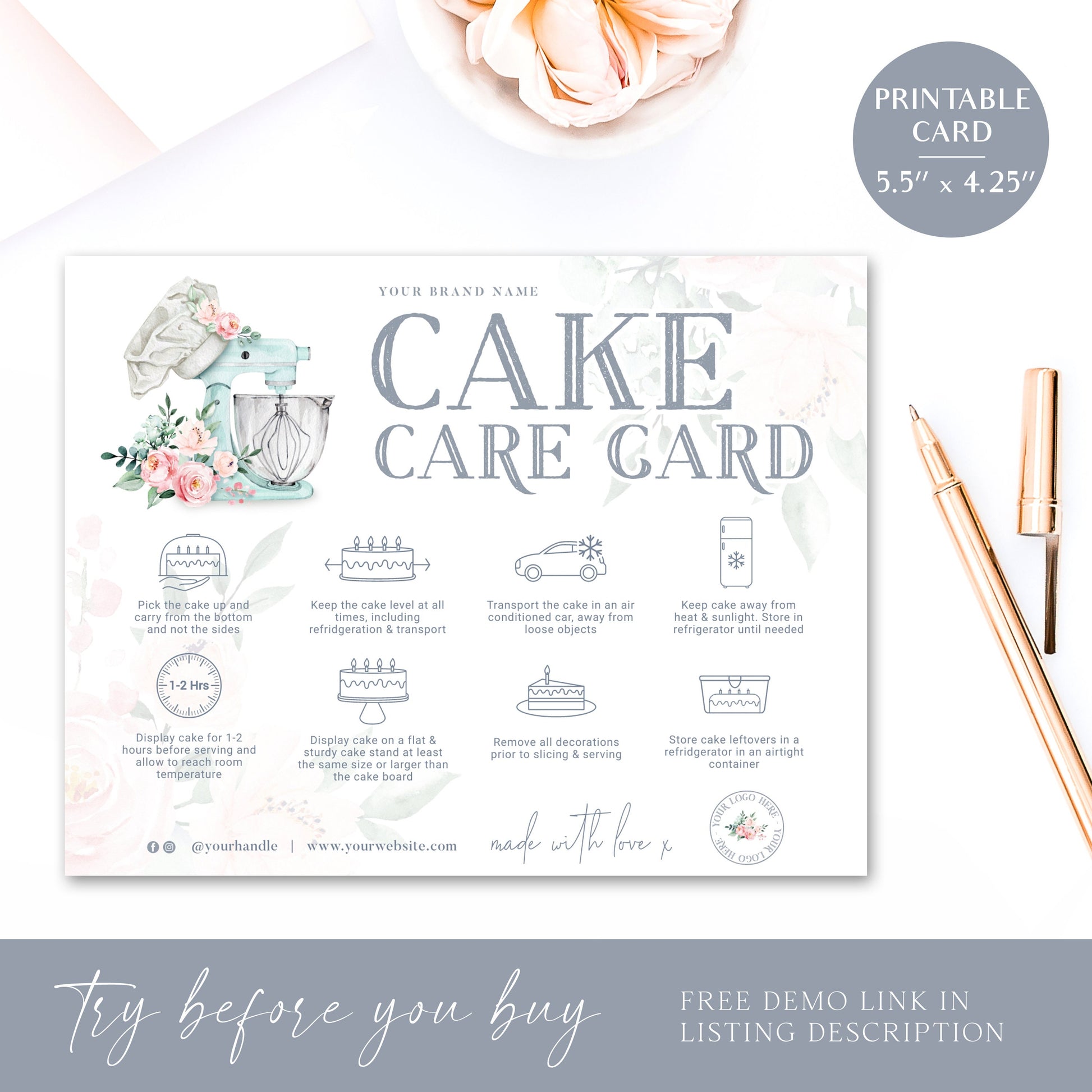 Editable Cake Care Card, Printable Cake Care Template, Watercolor Mixer Cake Care Guide, Wedding Cake Transport Instructions JB-001