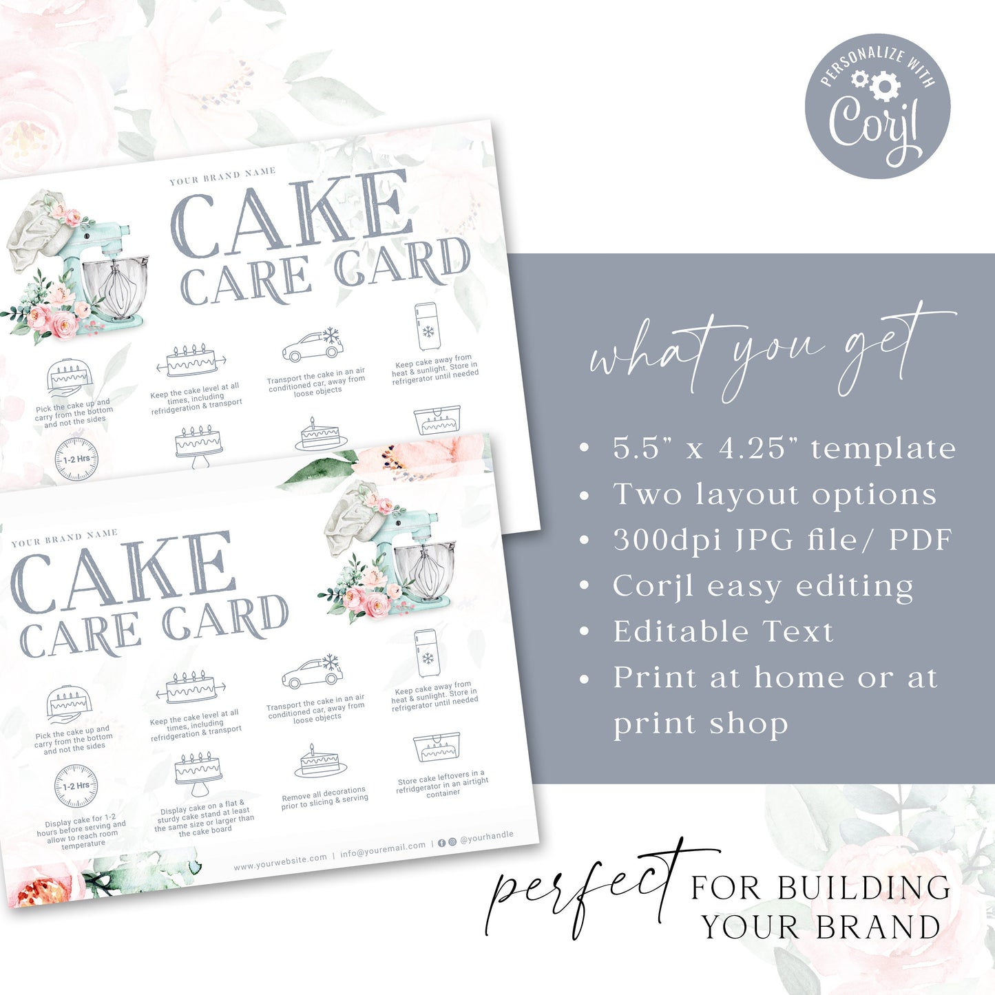 Editable Cake Care Card, Printable Cake Care Template, Watercolor Mixer Cake Care Guide, Wedding Cake Transport Instructions JB-001