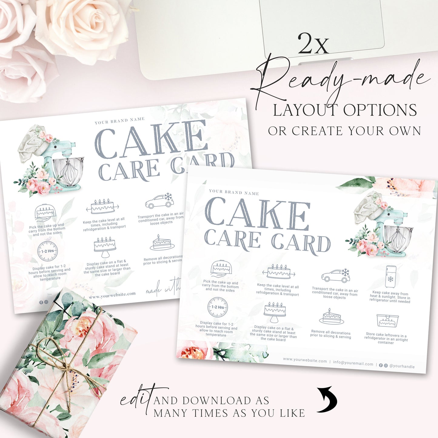 Editable Cake Care Card, Printable Cake Care Template, Watercolor Mixer Cake Care Guide, Wedding Cake Transport Instructions JB-001