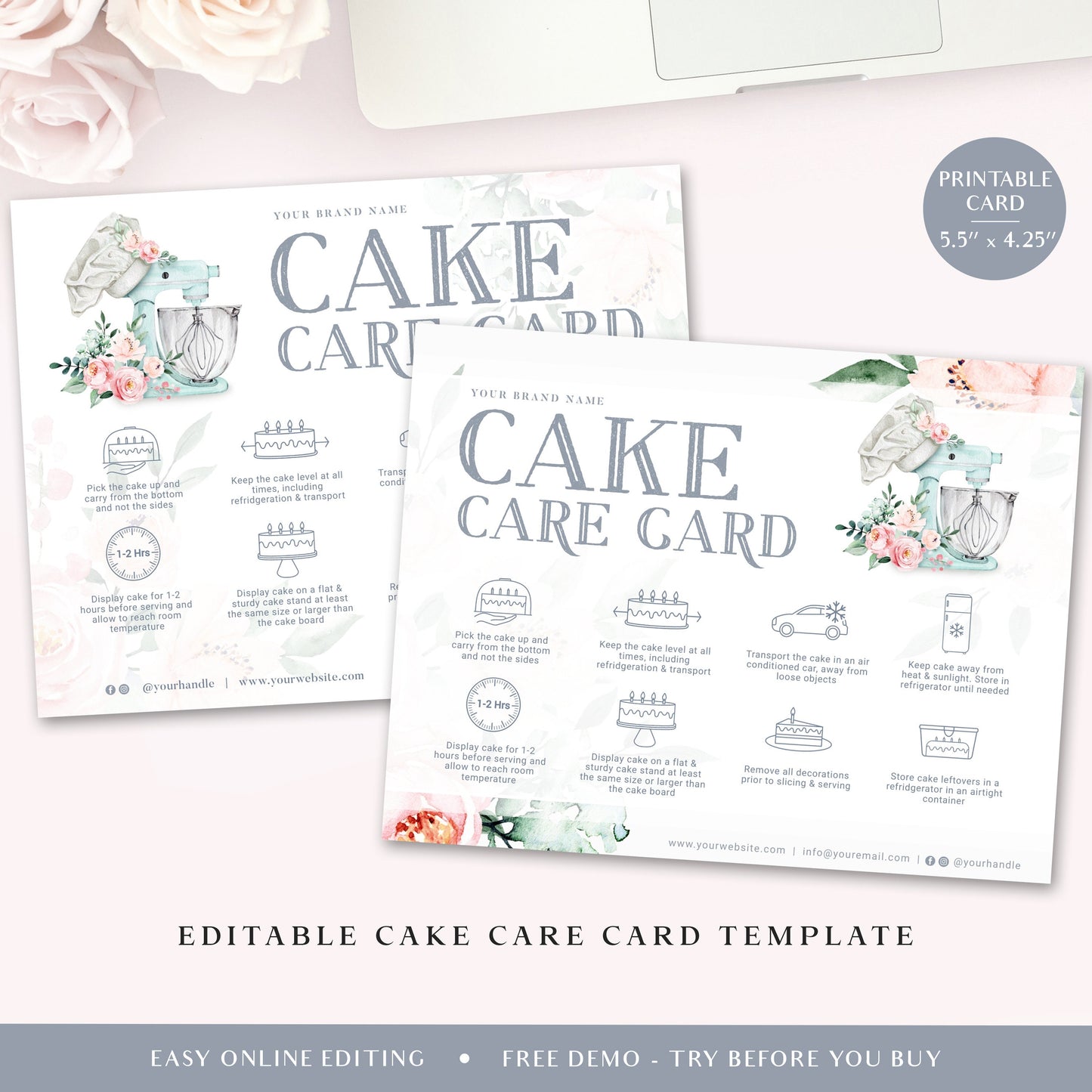 Editable Cake Care Card, Printable Cake Care Template, Watercolor Mixer Cake Care Guide, Wedding Cake Transport Instructions JB-001