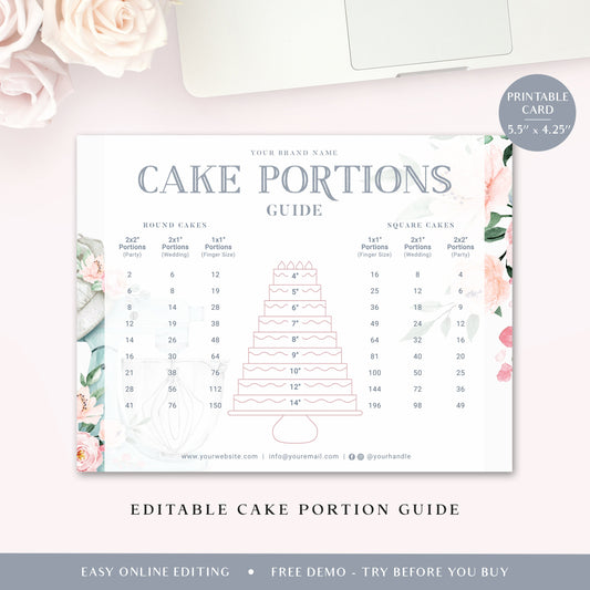 Editable Cake Portions Guide Template, Printable Tiered Cake Serving Size, Watercolor Floral Round & Square Cakes Size Diagram JB-001