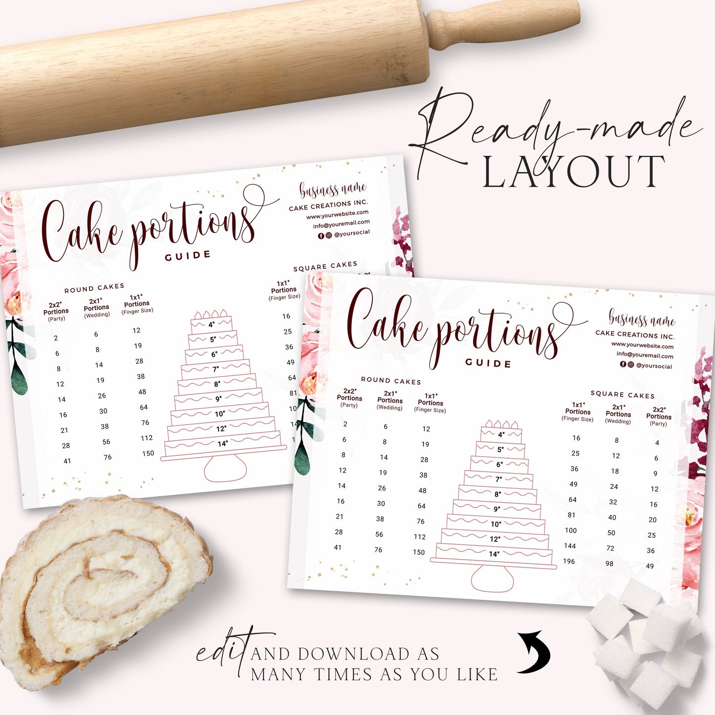 Editable Cake Portions Guide Template, Printable Tiered Cake Serving Size, Watercolor Red Round & Square Cakes Size Diagram CQ-001